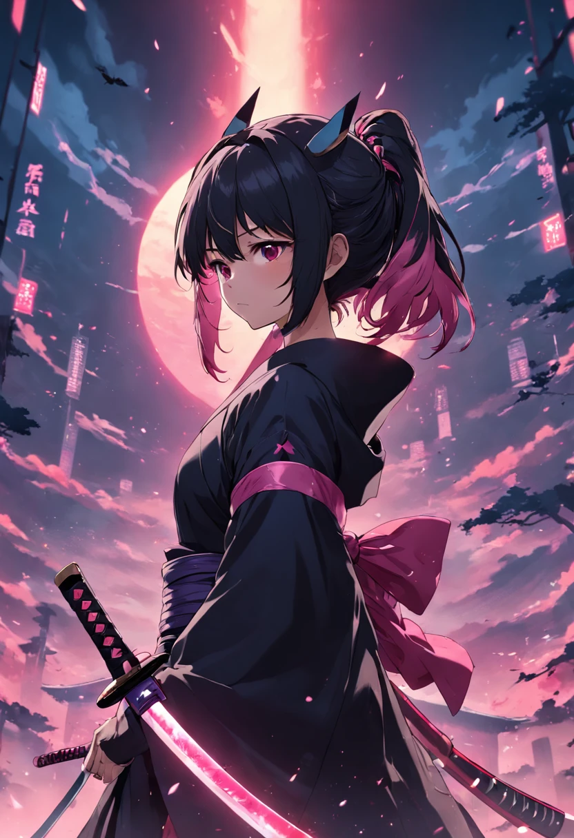 Katana with a black halo and pink sides on both sides