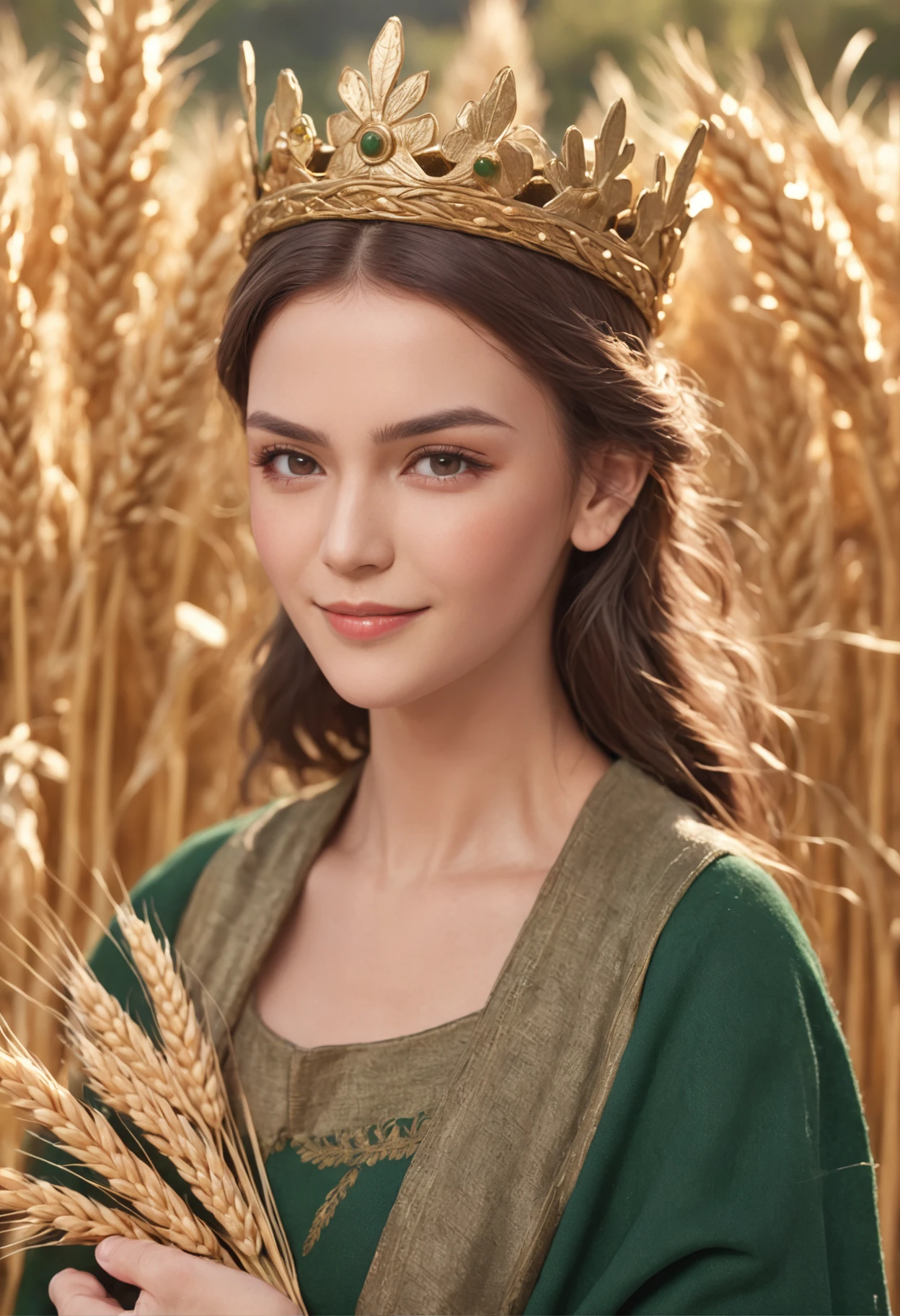 Greek mother goddess of harvest and agriculture, With dark blonde hair and light brown eyes, ((Wears dark green robe and crown of wheat)), Is smiling happily, Holding golden ear of wheat, Ancient Ionian barley field and mountain, Greek mythology, harvest, super high quality, ultra accurate description of hands, photorealistic, UHD, super detail, masterpiece, 8K