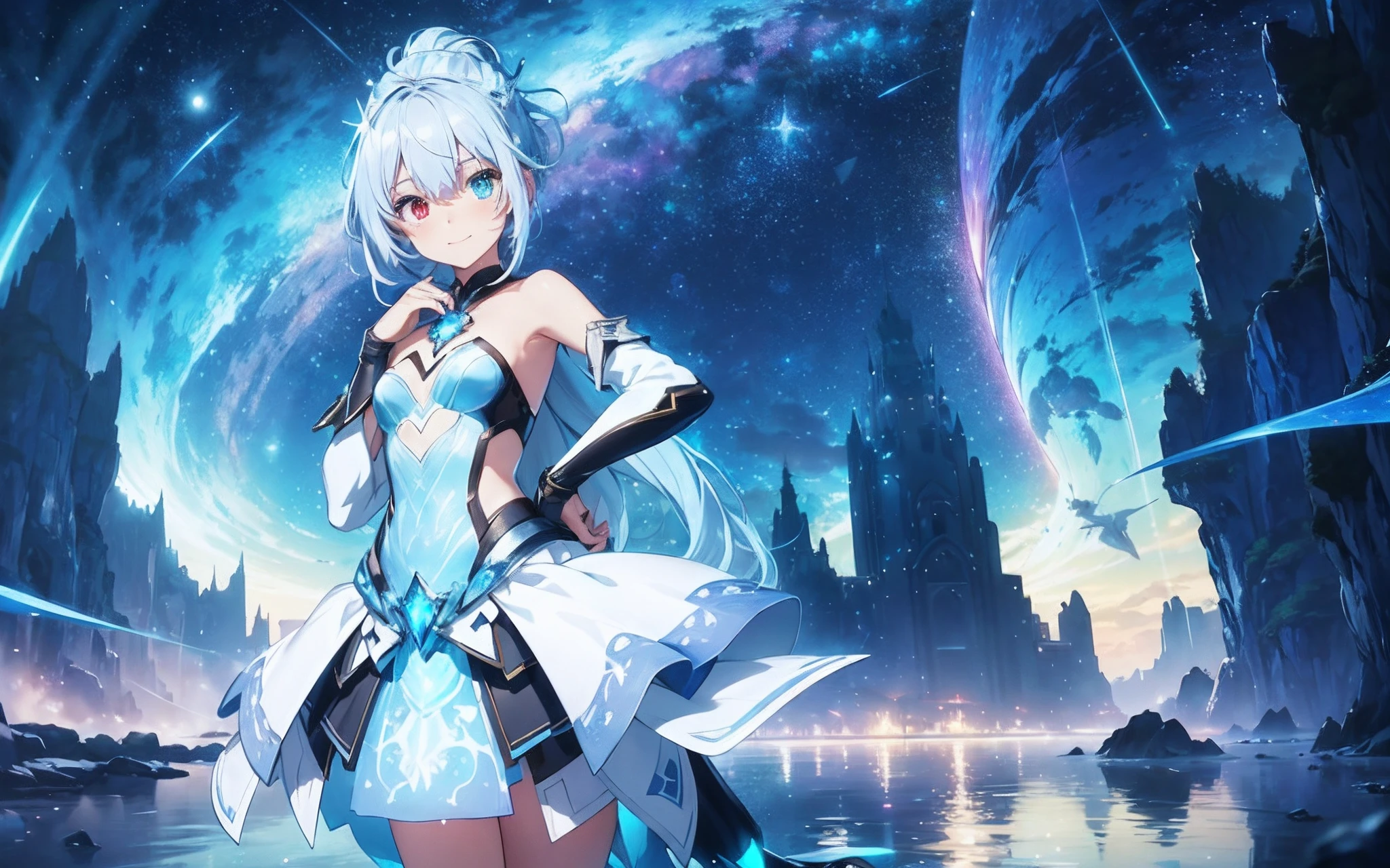 Painting of stars and moon in the sky with river、Concept art inspired by Mitsuoki Tosa、pixiv Competition Winner、Fantasyart、beautiful anime scene、Round of the bright moon、Starry sky environment under moonlight、Sea iceberg、Aurora、Dream painting、Anime Background Art、dream scenery art、Fantastic night、anime backgrounds、background artwork、 Fantastic art、starrysky、Detail Enhancement,top-quality, Photorealsitic, ultra-detailliert, Delicate, orderly, high detailing,, 10 years old, Embarrassing, Smile, slender, Cowboy Shot, Blurred background, (Girl in 1: 1.4), Dynamic Angle, (bioluminous hair, Glowing eyes: 1.2), Ambient Occlusion, ambient lights, ray tracing reflection, Glow, glowing aura, Glowing hair,bluish-silver ponytail, (Drooping heterochromia iris:1.3),
