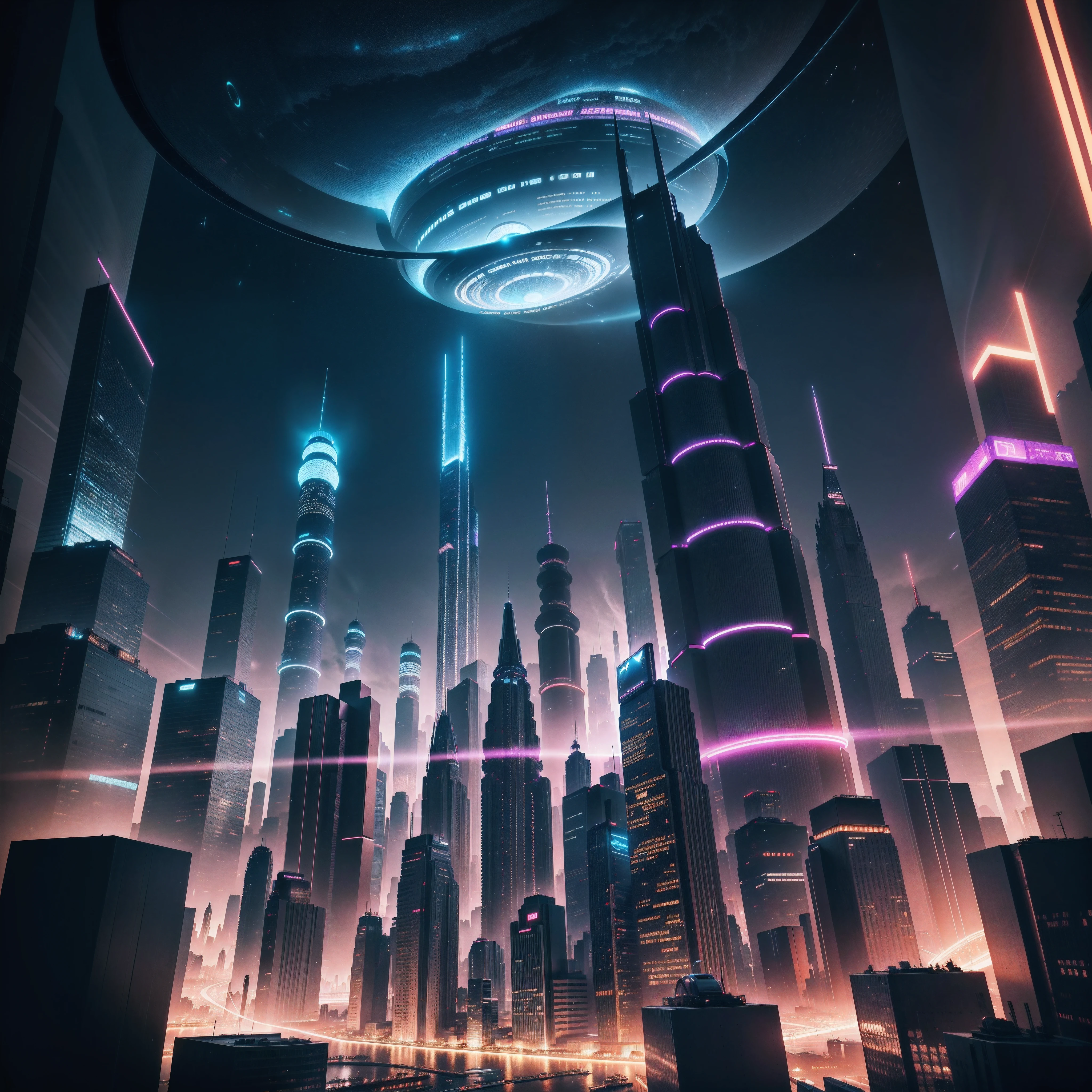A city with bright lights, digital art by Sebastian Vrancx, shutter inventory, Digital art, futuristic digital art, geometric futuristic cityscape, Futuristic city background, Photo of futuristic cityscape, Futuristic city landscape, 3d abstract render overlayed, Futuristic city landscape, fundo futurista, 3d render digital art, cybernetic city background