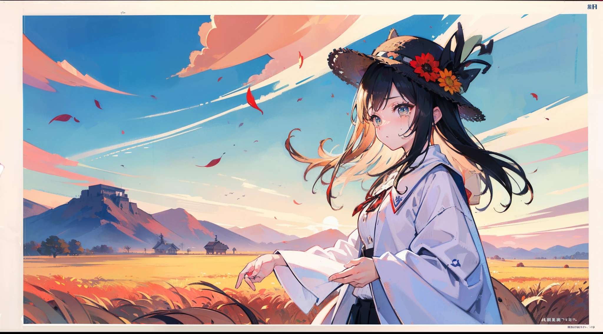 ((top-quality、​masterpiece、Top image quality))、Background with、softfocus、Pampas steppe everywhere、breezing、autumn day、Sunset sky、Crying face、Draw landscapes big、Into the cloud、Wearing a straw hat、Holding a straw hat in your hand