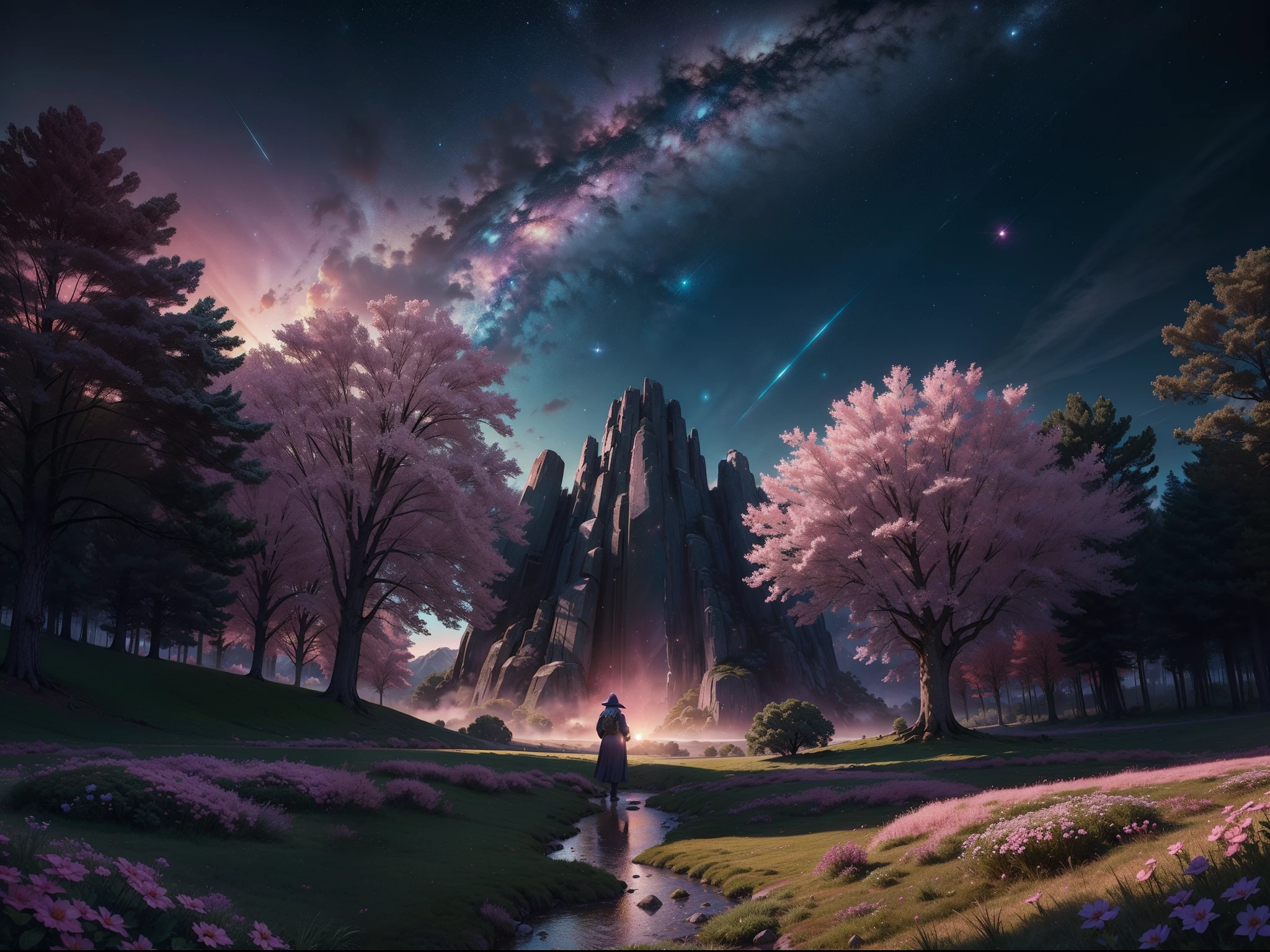 (master part), (best quality), (ultra-detalhado), ((Landscape))  Open field with pink plants and trees with galaxy in the sky Stone golem with galactic details