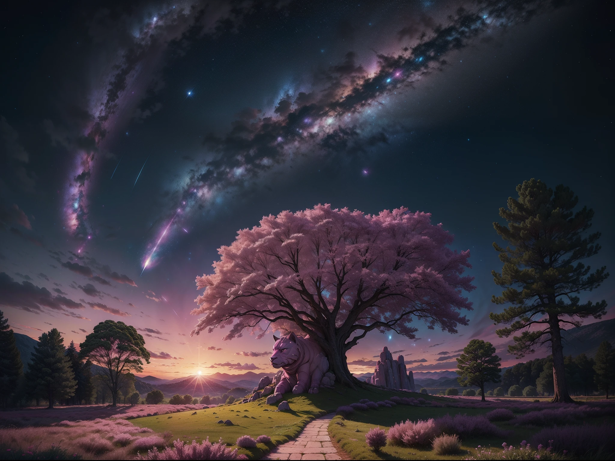 (master part), (best quality), (ultra-detalhado), ((Landscape))  Open field with pink plants and trees with galaxy in the sky Stone golem with galactic details