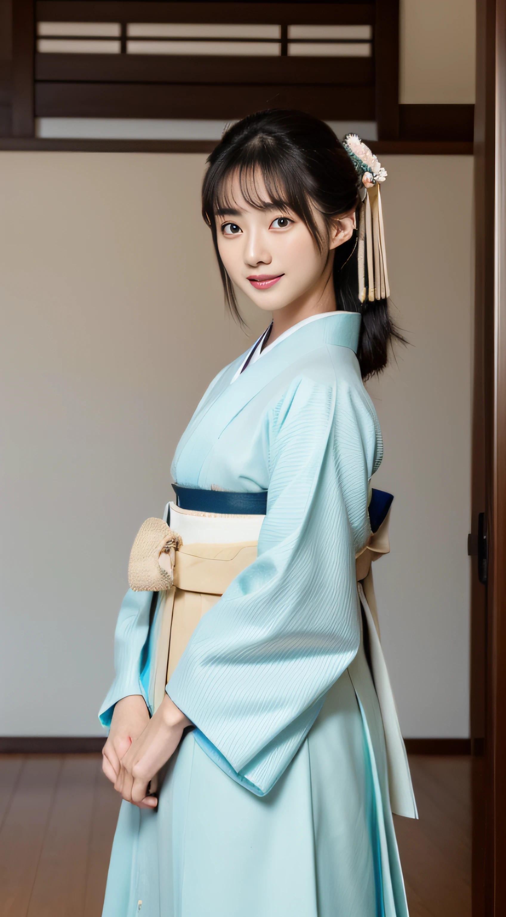 (top-quality、masterpiece:1.2)、Best Quality、realisitic、photoshot、hight resolution、1080p、8K、Textured skin、Physical Rendering、1 Japan Girls、a 、kawaii、Young Face、Rolled hair、(japanese kimono:1.5)、kyoto、full of shyness、smil、Big