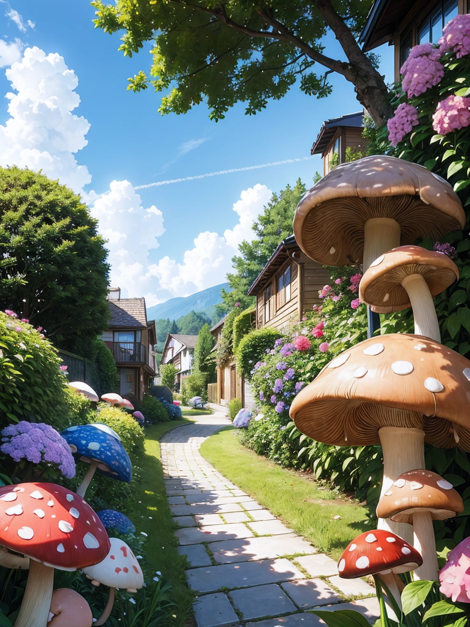 (mushroom:1.2), (ultra high res,photorealistic,best quality,photo-realistic),(8k,raw photo,best quality,masterplece),(photon mapping,radiosity,physically-based rendering,automatic white balance),real person,photograph,bridge, building, bush, city, cloud, day, door, fence, field,orest, garden, grass, house, hydrangea, mountain, nature, no_humans, outdoors, path, plant, potted_plant, purple_flower, road, scenery, sky, night, (mushroom lantern:1.2), skyscraper, traditional_media, tree,