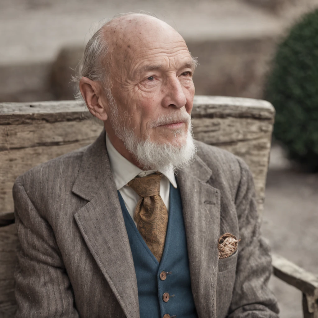 An old man sits on a bench in riding boots,He wears a striped suit,Wearing glasses,balding,