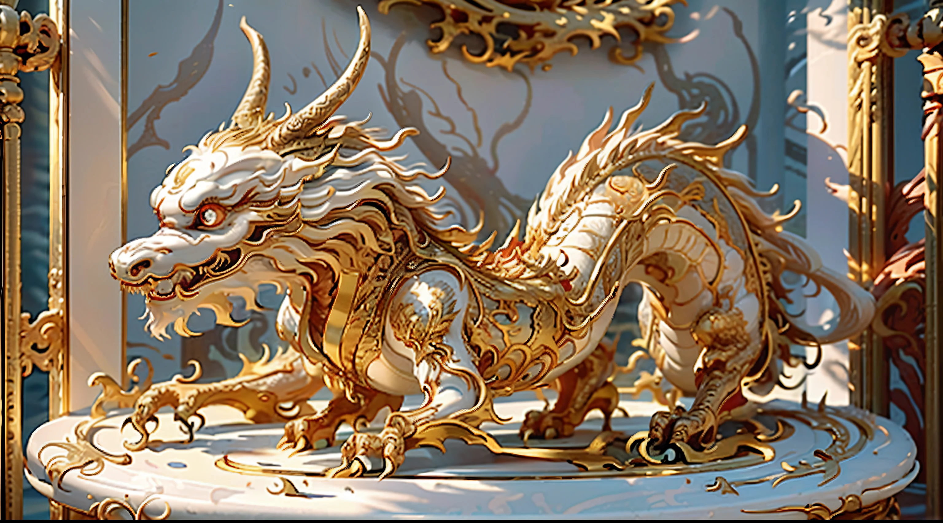 Best quality at best,tmasterpiece,超高分辨率,There is 1 ivory gold AI ceramic dragon,(The long:1.2),dentes pontiagudos,red eyes,