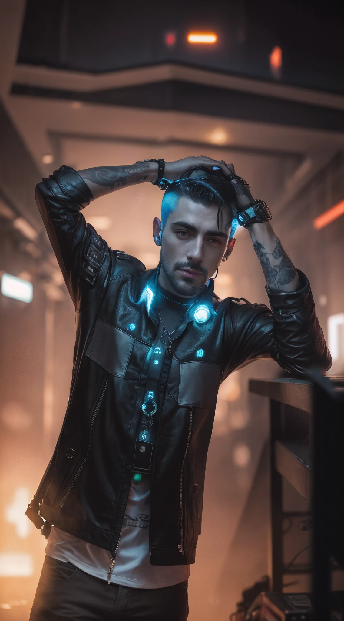 arafed man in a black leather jacket with glowing lights, portrait of a cyberpunk man, hyper-realistic cyberpunk style, cyberpunk art ultrarealistic 8k, cyberpunk dude, cyberpunk wearing, cyberpunk character, cyberpunk style , hyperrealistic, in cyberpunk style, wearing cyberpunk leather jacket, cyberpunk portrait, portrait of a cyberpunk cyborg, muted cyberpunk style, cyberpunk lighting, cyberpunk clothes