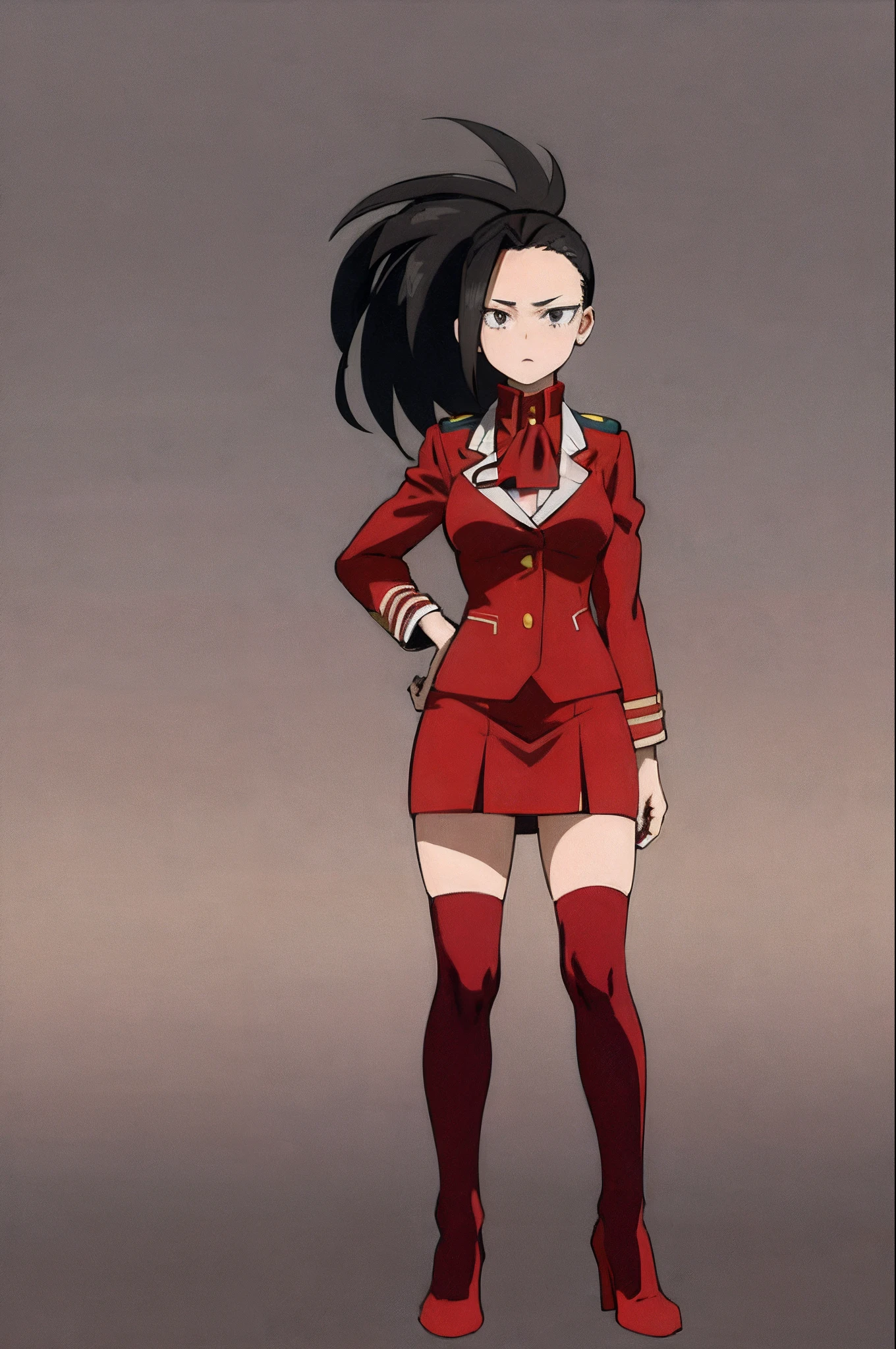 masterpiece, best quality, yaoyorozu momo, 1girl, black eyes, black hair, ponytail, long hair, hair pulled back, full body, hands on hips, standing, juliet sleeves, solo, looking at viewer, red jacket, ascot, red pencil skirt, white thighhighs, red high heels, simple background