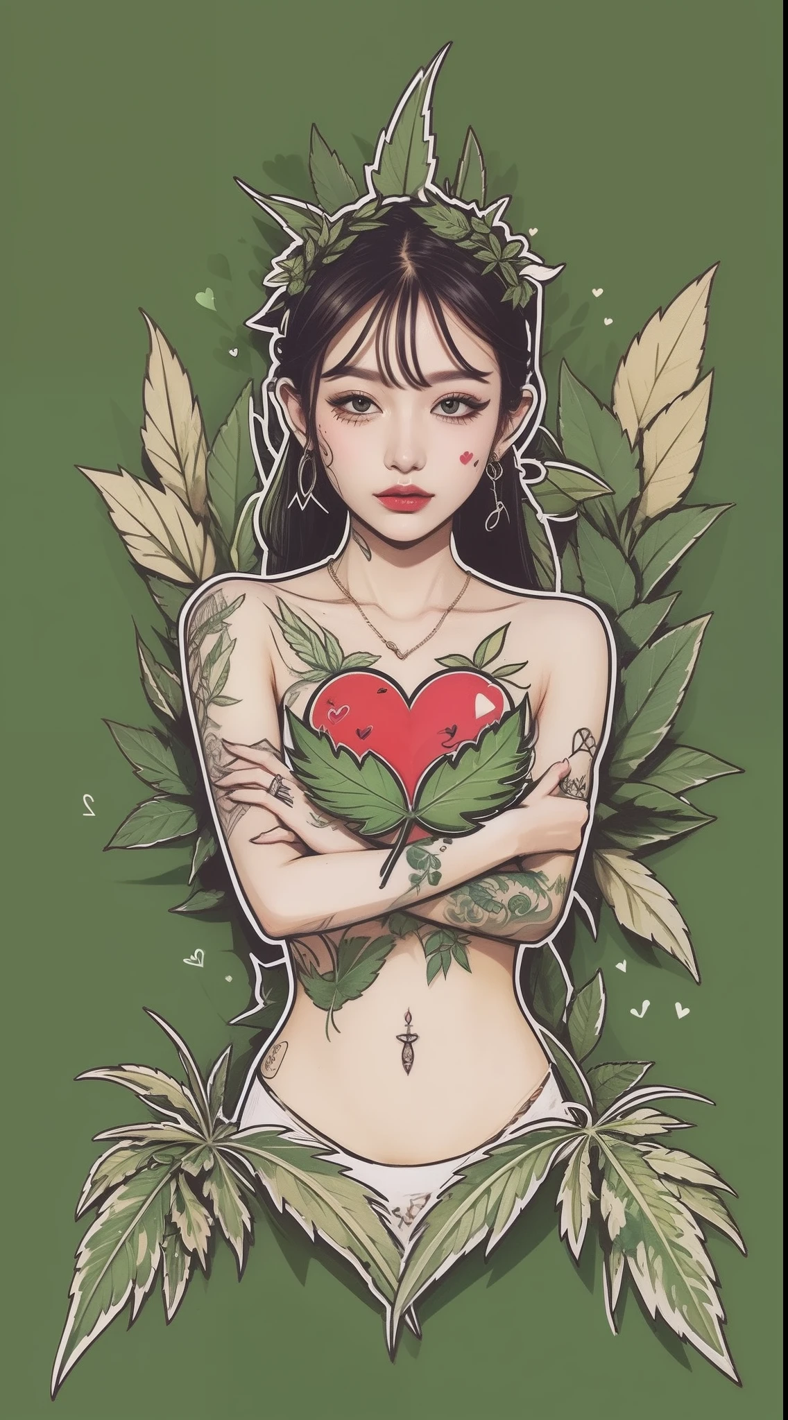Marajuana leaf character hugging heart, tattoo design illustration