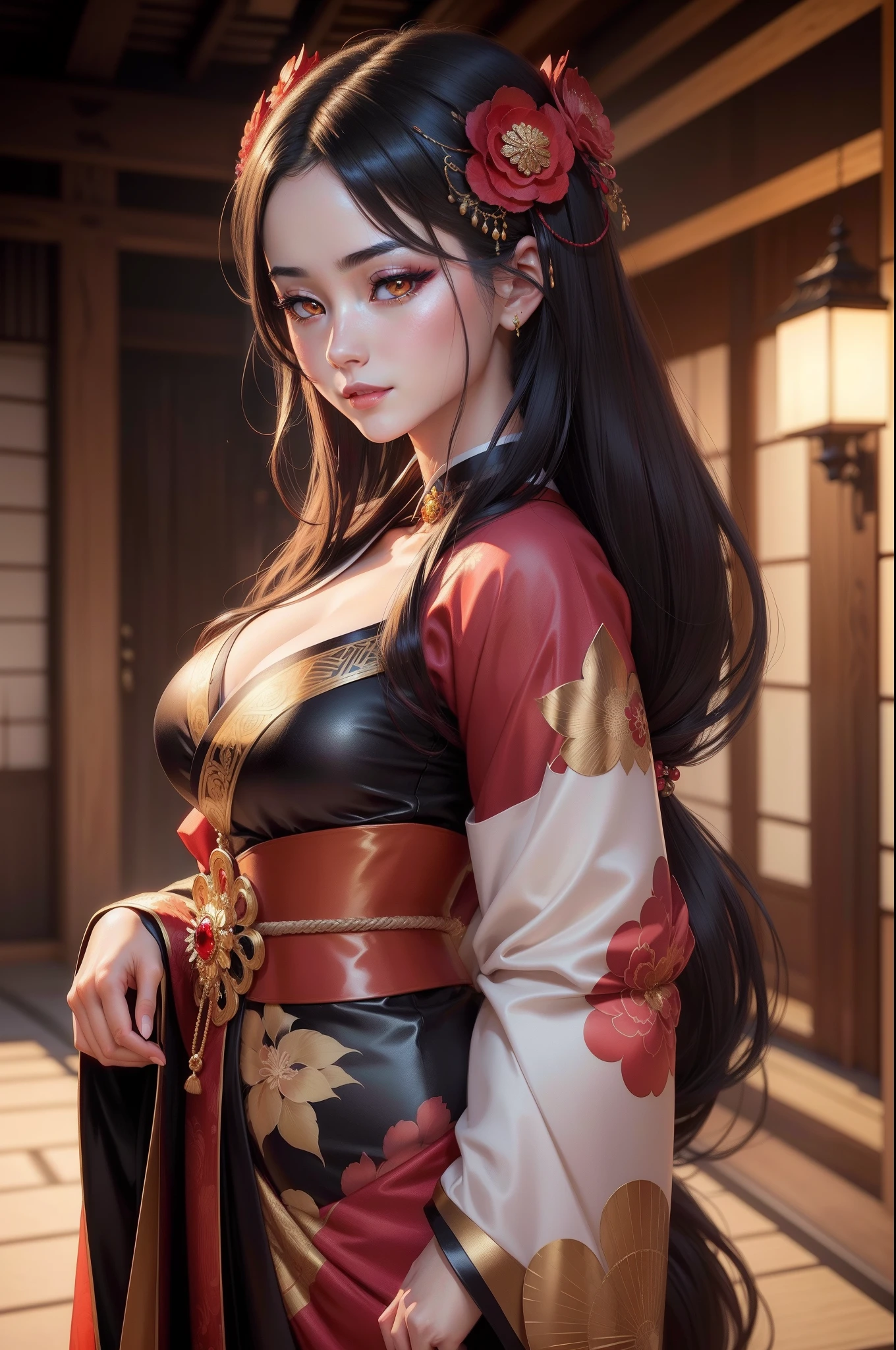 (8K,Photorealsitic　Raw photography　top-quality;1.4) 1 Mature Woman) Super Beautiful Japan Mature Goddess　(Lifelike face)　Closeup portrait of moderate-breasted woman in costume, Japan Mature Goddess, a smile　a beautiful fantasy empress, beautiful alluring anime woman, artwork in the style of guweiz, 8k high quality detailed art, very detailed Artgerm, palatial palace ， beautiful character painting, Anime Mature Goddess, Seductive Anime Women　Japan kimono made of white silk　(outfits)　超A high resolution　Beautiful expression　A hyper-realistic　(real looking skin)　Ultra-high density　(masutepiece, Best Quality, Photorealistic, hight resolution, Photography, :1.3)　Super flashy makeup　Golden eyes　japanese kimono　Black and red bands　Golden band cord　Red Rouge　Beautiful black hair