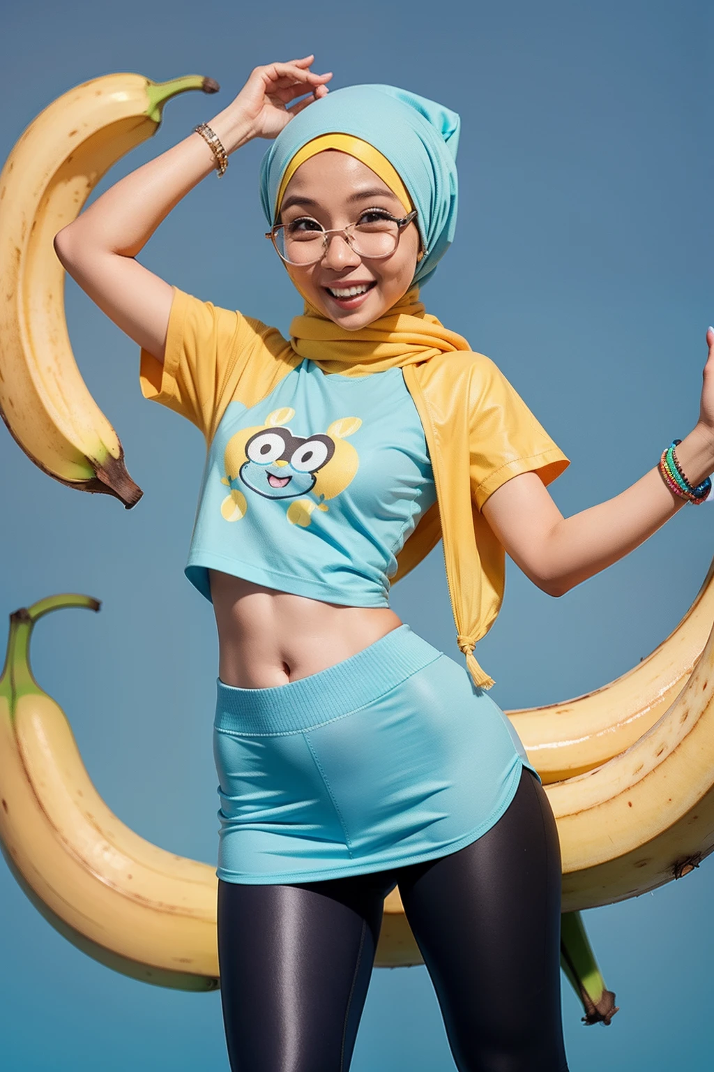 Cute .Malay woman wearing oversized light blue cartoon tshirt and leggings in front of a yellow and light blue doodle background, few banana fruits in background, laughing, glasses, hijab, medium breast, slim, wide waist, full body photography, happy pose