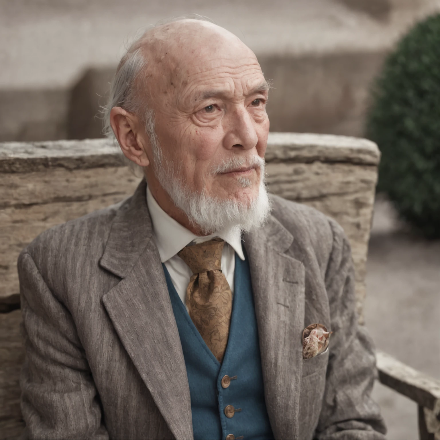 An old man sits on a bench in riding boots,He wears a striped suit,Wearing glasses,balding,