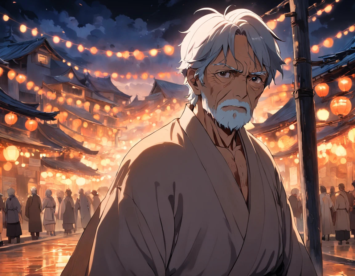 tmasterpiece, top-quality, a old man,Face full of wrinkles,Wearing coarse linen,Small village in the background,