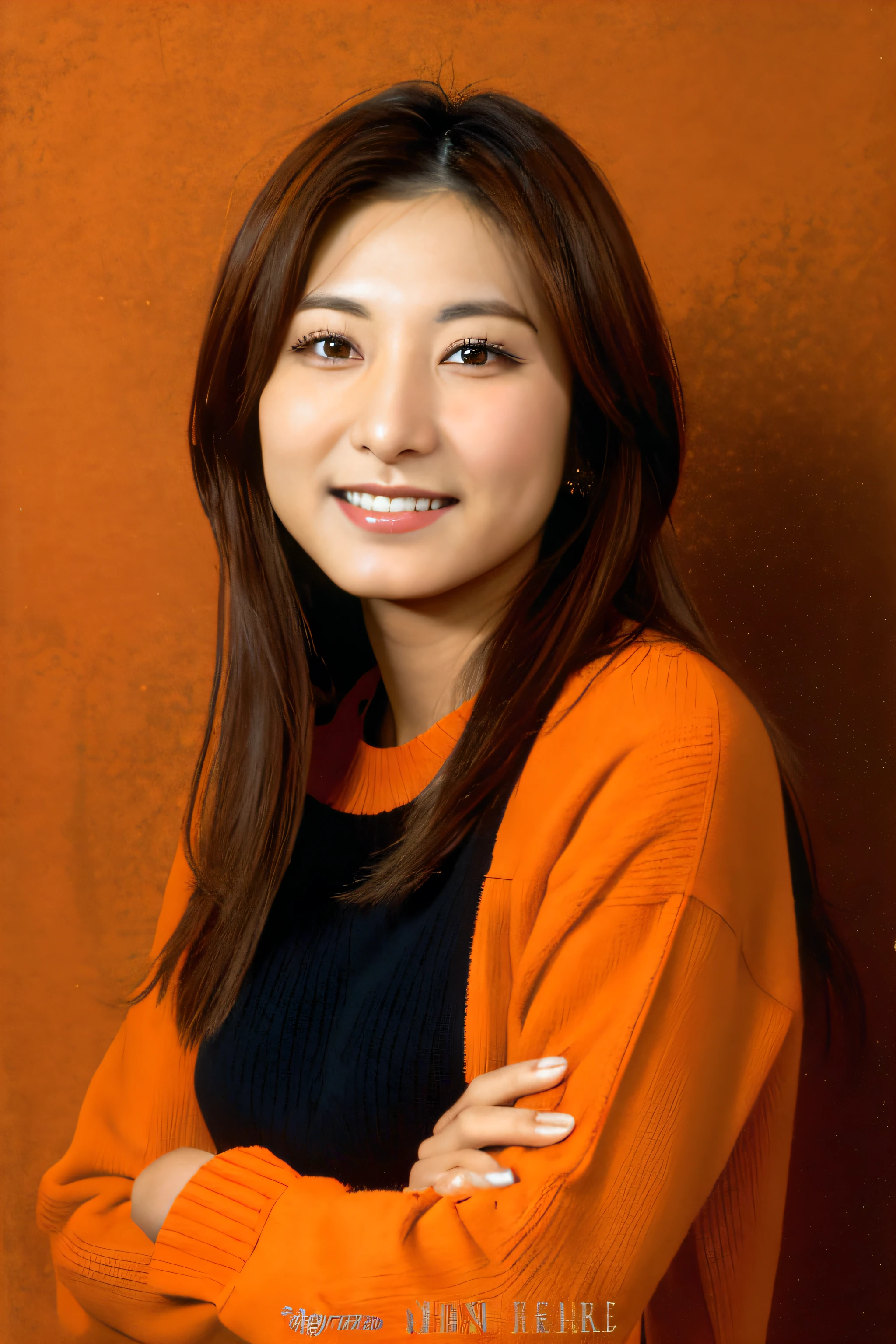 Arab asian woman posing for photo with long hair and orange sweater, portrait of christy ren, ayamin kojima, Choi Hong Hwa, jiyun chae, Kiyoko Suzuki, lee ji-eun, lee ji - eun, Aoi Ogata, sangsoo jeong, Ayaka, professional profile photo, kwak ji young, shin min jeong, A sexy