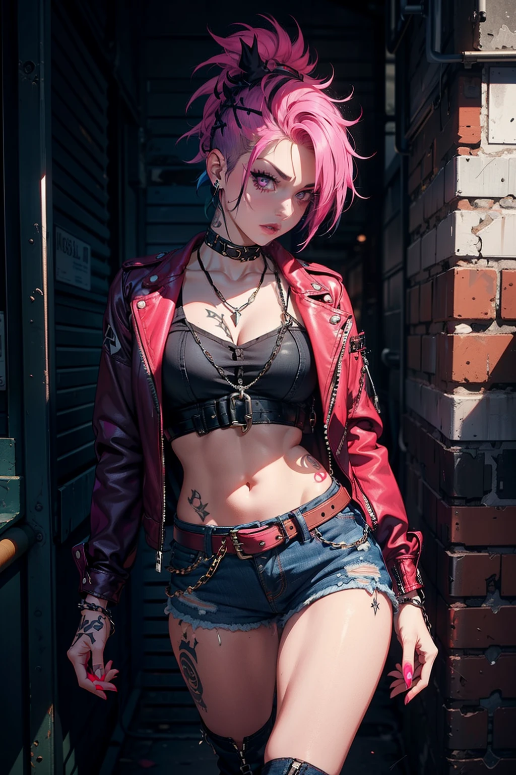 Create a character named Roxy, a punk rocker girl exuding a rebellious and revolutionary spirit. Roxy's distinctive appearance includes a vibrant, (((oversized purple and pink mohawk atop her head))) with both sides of her scalp shaved to display an array of captivating tattoos. Her style is the epitome of cool, featuring a short leather jacket adorned with an abundance of edgy pins and needles, complemented by an assortment of intricate punk jewelry. (((Also she wears red or black fishnets with ramdom holes.)))
Beneath her fiery red jacket, Roxy rocks a jagged-cut tank top, strategically designed with artful holes that reveal a meticulously detailed black bra underneath. (((Her rebellious attire continues with a pair of dark denim shorts accessorized with chains serving as a belt, along with other signature punk and gothic rock accessories that complete her look))).
Roxy's boots tell their own story, having weathered countless punk adventures, and they now boast a worn, dirty appearance in a deep violet hue, with bold red laces and thick, well-trodden soles. Imagine her amidst the gritty atmosphere of a dive bar, surrounded by fellow punk rockers, with visuals reminiscent of Zack Snyder's distinctive style