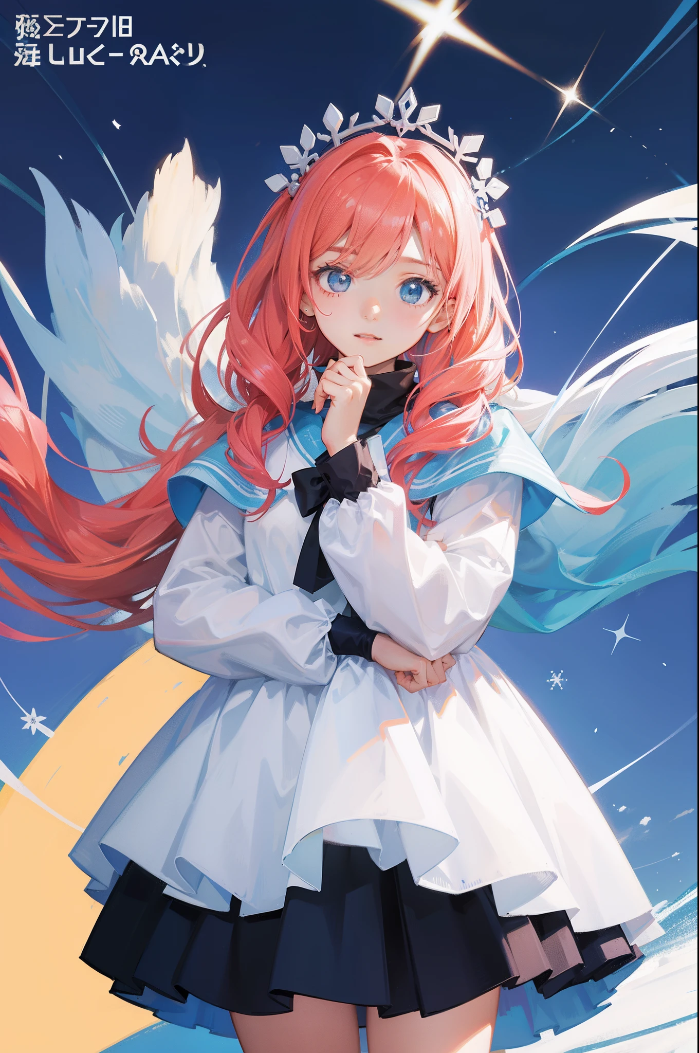 Comic-Con poster、quadratic element、teens girl、Snowflake background、Hands behind you