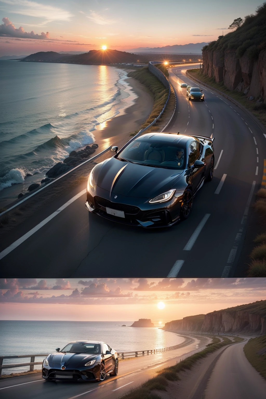 the setting sun,shores,highways,sports cars