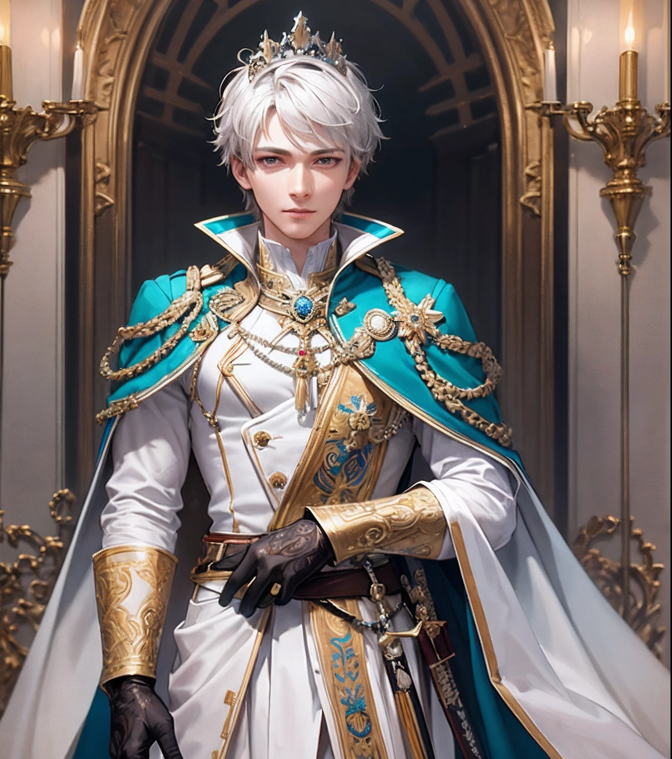 masterpiece, best quality, 1 male, 25 year old man, prince, young adult, slim body, short hair, handsome, calm expression, slightly smiling, finely detailed eyes, intricate details, solo, full body, detailed background, detailed face, intricate outfit, black gloves, longsword, white cape, silver tiara, blond hair, teal eyes, white color scheme, majestic atmosphere, realistic lighting