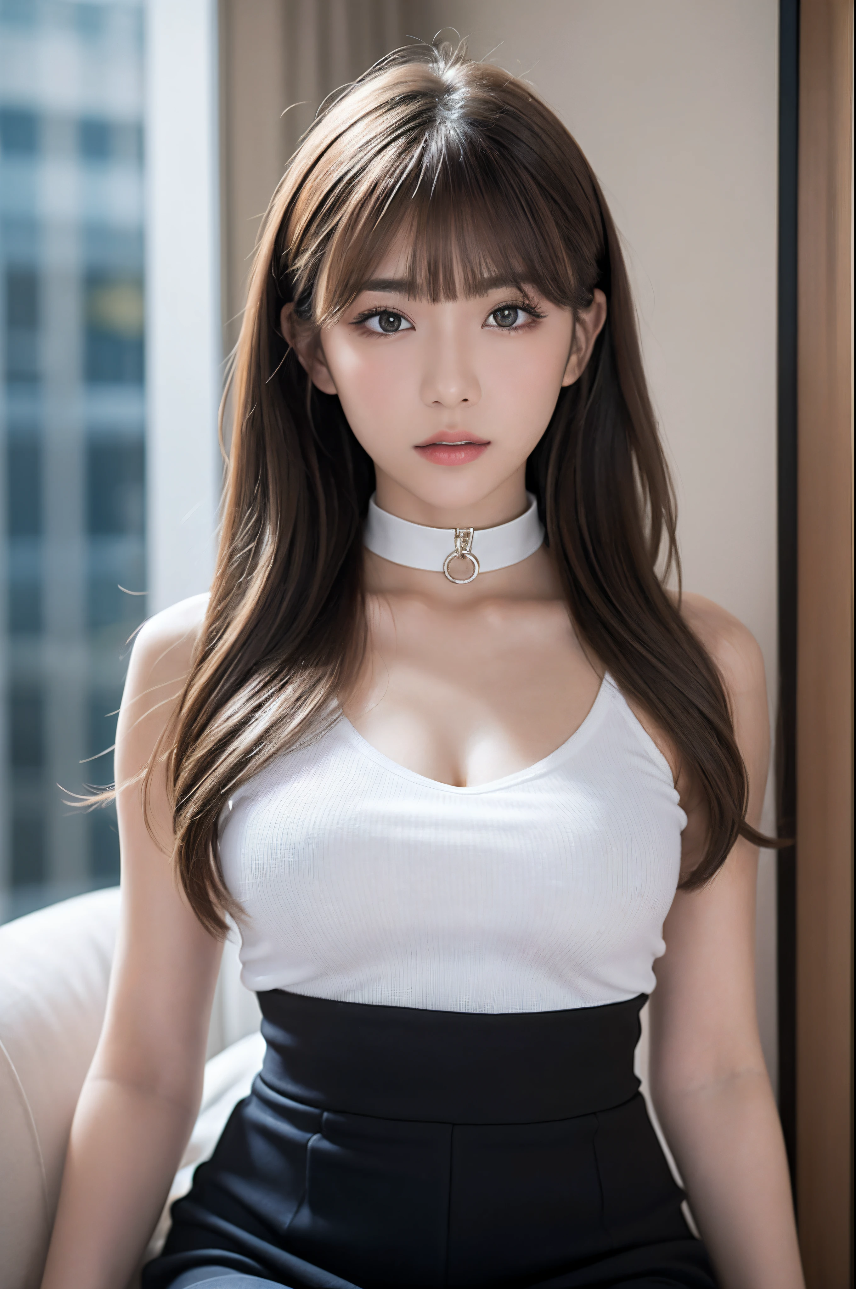 (Best quality, 8K, masutepiece, Ultra HD: 1.3), 1girl in, mideum breasts, Light brown hair, Blunt bangs, hair behind ear, hair over shoulders, Long hair, Slender body type, ultradetail face, Delicate lips, Beautiful eyes, Double eyelids, lipsticks,Invite the facial expressions of men, Ultra-thin pointer, Ultra-thin fingers, Shirt with collar, Tight skirts , beautifullegs ,pump.s Office