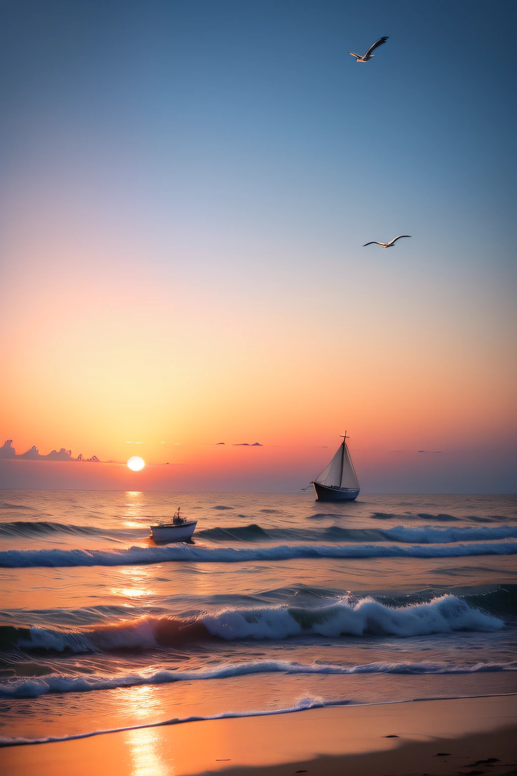 Absolutely mesmerizing sunset on the beach，The sky is mixed with orange、Pink and yellow。The sea is crystal clear，Kissing the shore tenderly，The white sand stretches as far as the eye can see。The scene is full of movement，breath-taking，Seagulls soar high in the sky，Palm trees sway gently。Soak up the calm atmosphere，Let tranquility envelop you。In the distance, a flock of seagulls followed a small boat，There is a fisherman fishing on board。