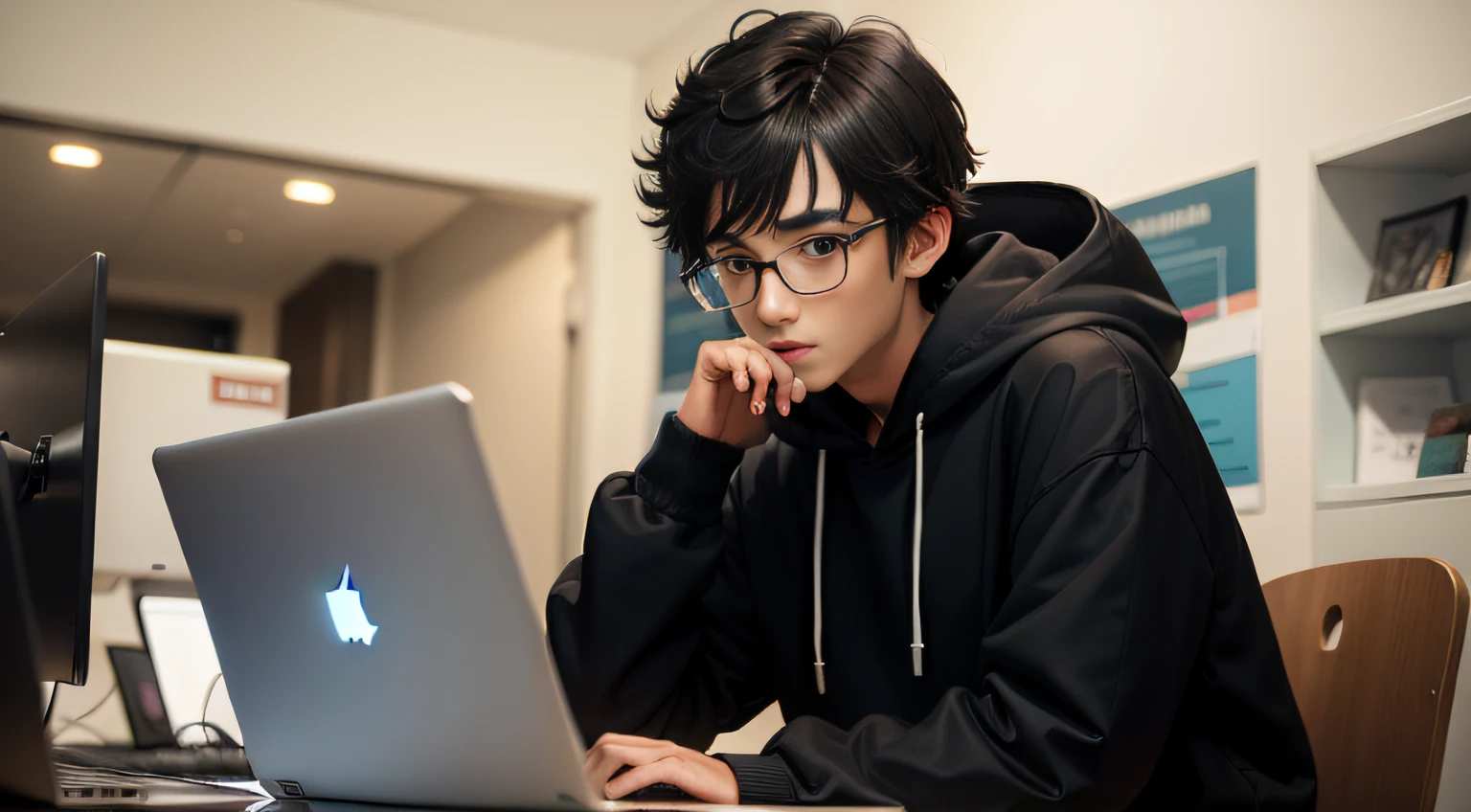 A young man in his 16s,with fair skin, Black eyes, Black hair,Double bangs wear a hoodie,laptop,large glasses