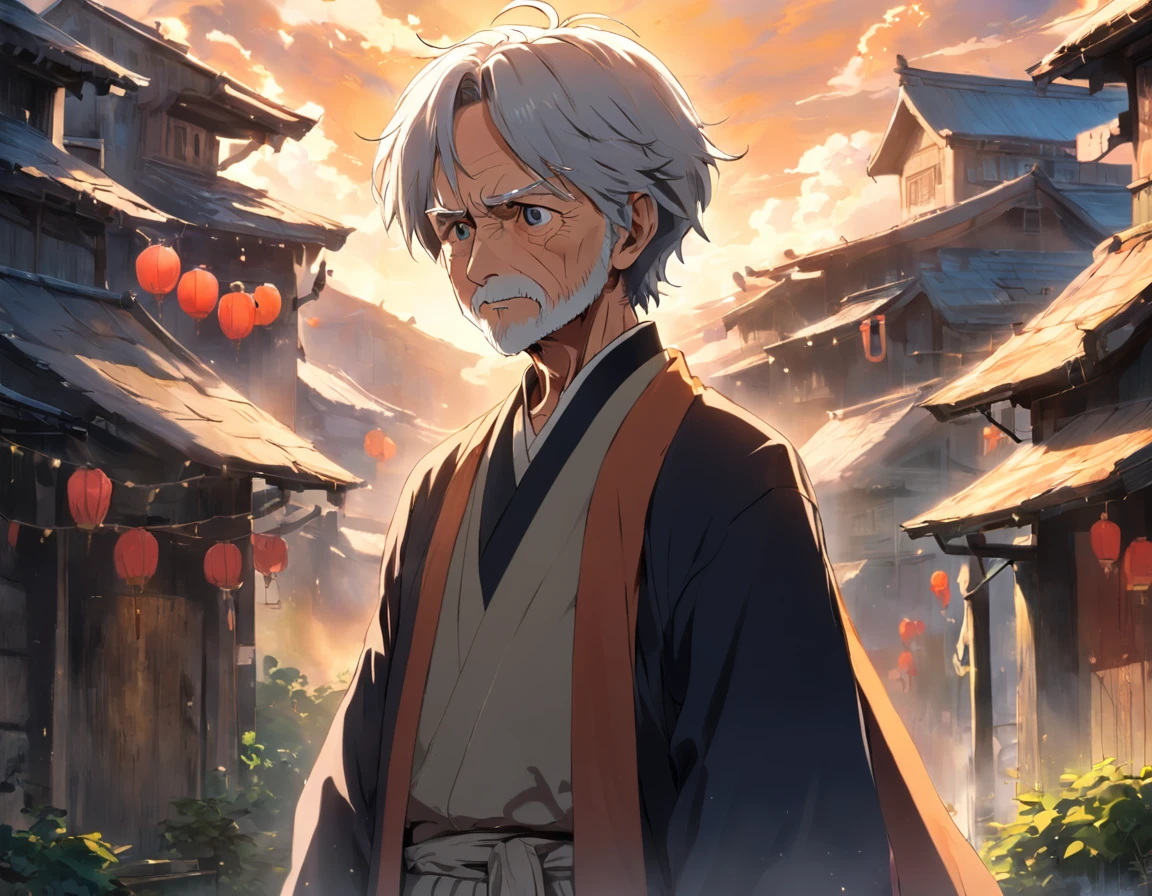 tmasterpiece, top-quality, a old man，Face full of wrinkles，Wearing coarse linen，Small village in the background，In the daytime，rays of sunshine，