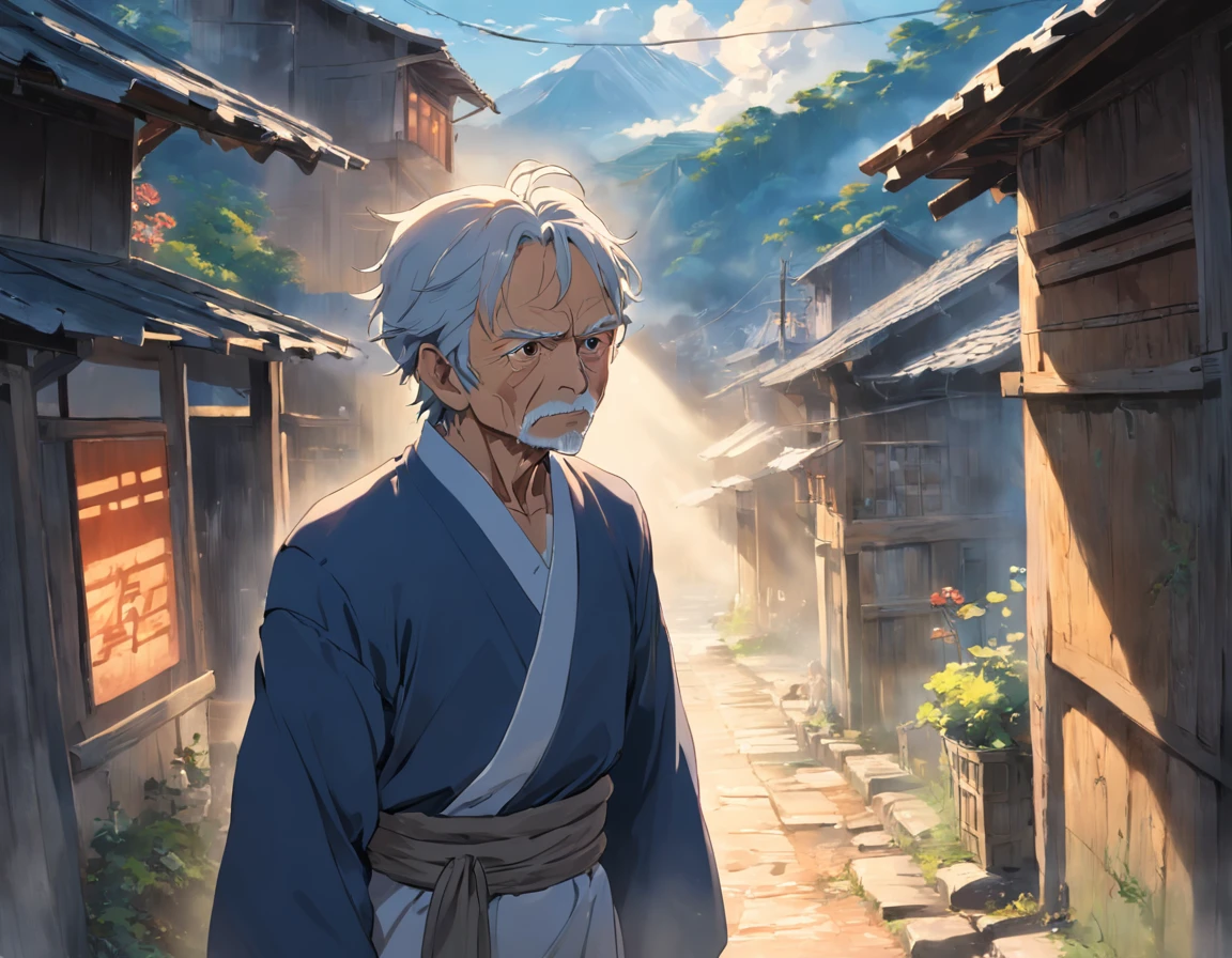 tmasterpiece, top-quality, a old man,Face full of wrinkles,Wearing coarse linen,Small village in the background,In the daytime,rays of sunshine,