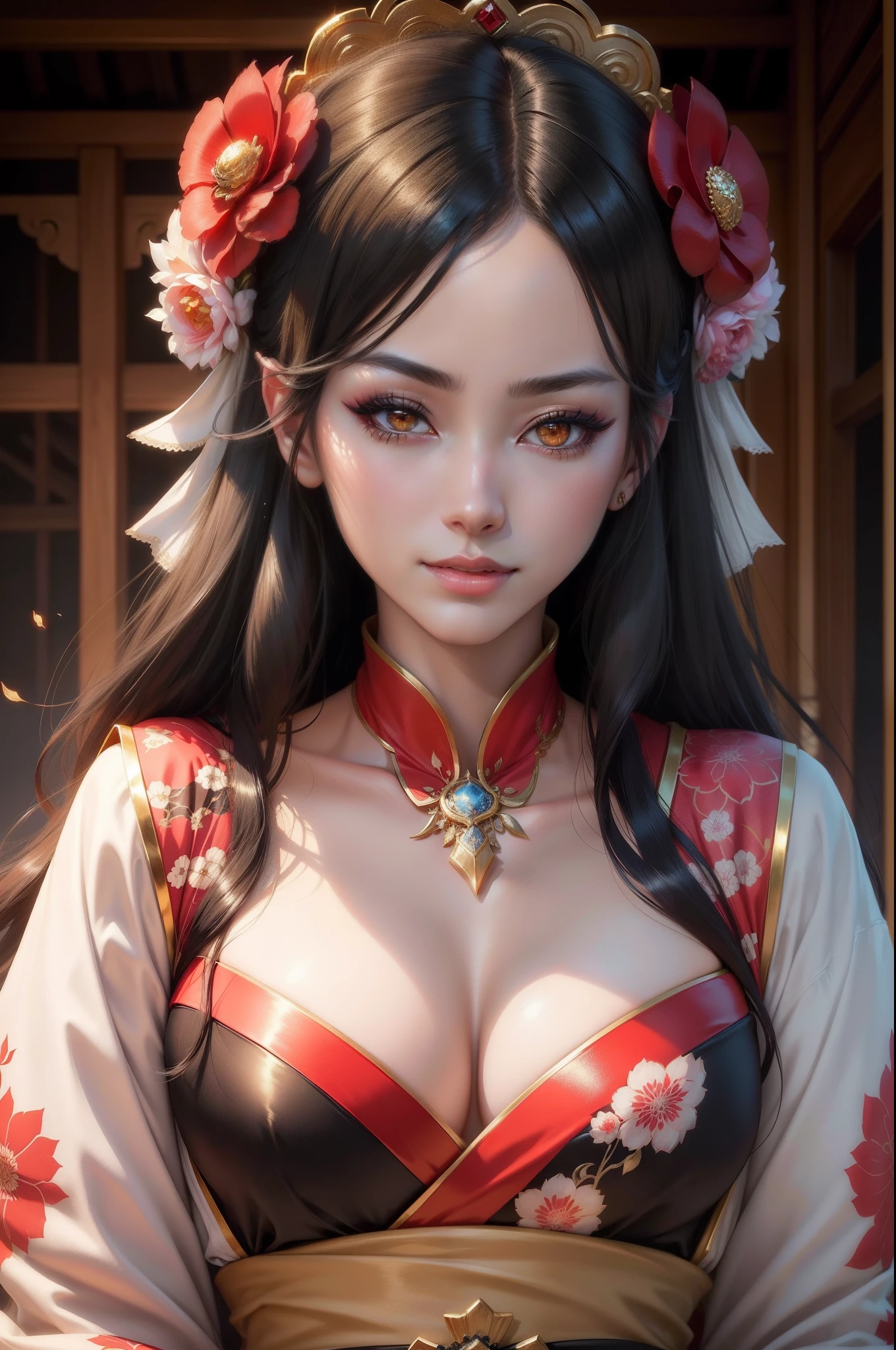 (8K,Photorealsitic Raw photography top-quality;1.4) 1 Mature Woman) Super Beautiful Japan Mature Goddess (Lifelike face) Closeup portrait of moderate-breasted woman in costume, Japan Mature Goddess, a smile a beautiful fantasy empress, beautiful alluring anime woman, artwork in the style of guweiz, 8k high quality detailed art, very detailed Artgerm, palatial palace , beautiful character painting, Anime Mature Goddess, Seductive Anime Women Japan kimono made of white silk (outfits) 超A high resolution Beautiful expression A hyper-realistic (real looking skin) Ultra-high density (masutepiece, Best Quality, Photorealistic, hight resolution, Photography, :1.3) Super flashy makeup Golden eyes japanese kimono Black and red bands Golden band cord Red Rouge Beautiful black hair A sexy