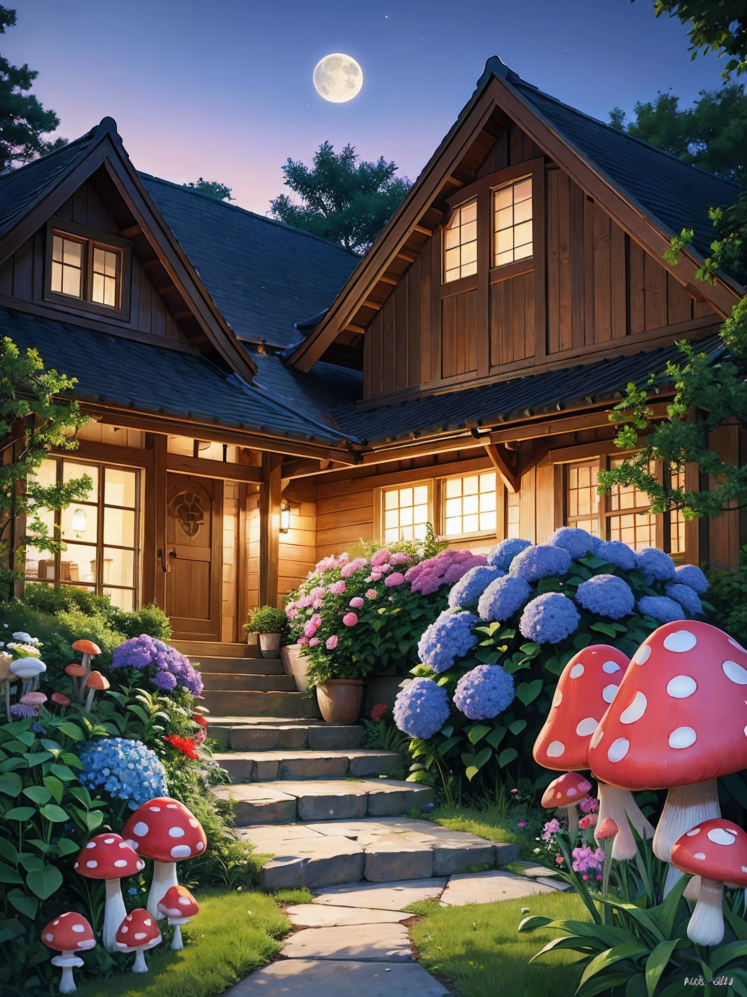 (mushroom:1.2), (ultra high res,photorealistic,best quality,photo-realistic),(8k,raw photo,best quality,masterplece),(photon mapping,radiosity,physically-based rendering,automatic white balance),real person,photograph,bridge, building, bush, city, cloud, day, door, fence, field,orest, garden, grass, house, hydrangea, mountain, nature, no_humans, outdoors, path, plant, potted_plant, purple_flower, road, scenery, sky, (at night:1.3), moon, star, (mushroom lantern:1.2), skyscraper, traditional_media, tree,