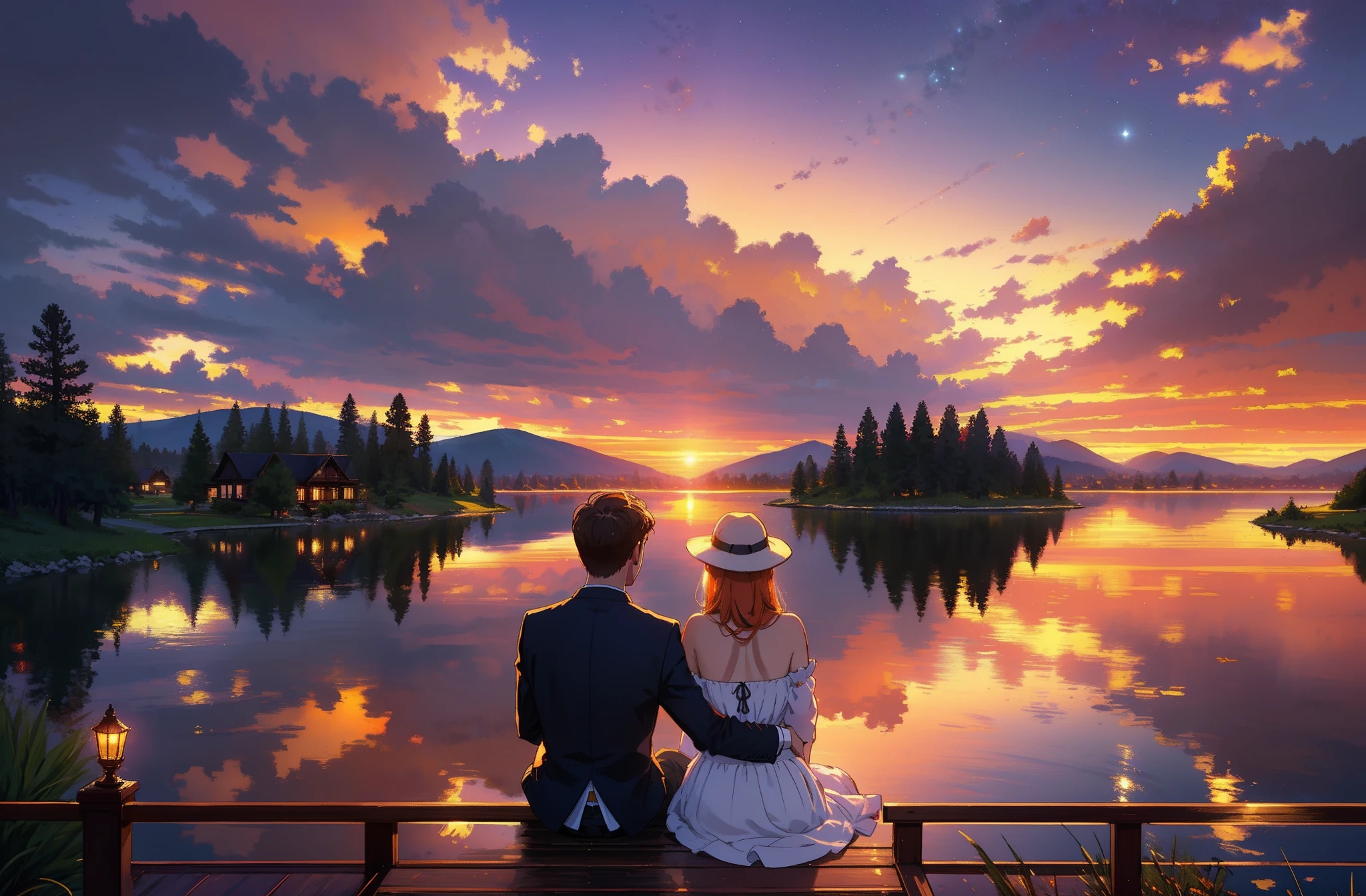 A wide landscape photo, (a couple sit on a deck, overlooking a lake), (dog), (ducks landing on water), (viewed from below, the sky is above, and the open water is below), ((Sunset:1.2)), (trees and mountaintops in the background), (Golden Light: 1.2), (red, orange, yellow, purple), Intricate Details, Volumetric Lighting, (Masterpiece: 1.2), (Best Quality), 4k, Ultra Detailed, (Dynamic Composition: 1.4), Rich in Detail and Color, (Glow, Atmospheric Lighting), Dreamy, Magical,