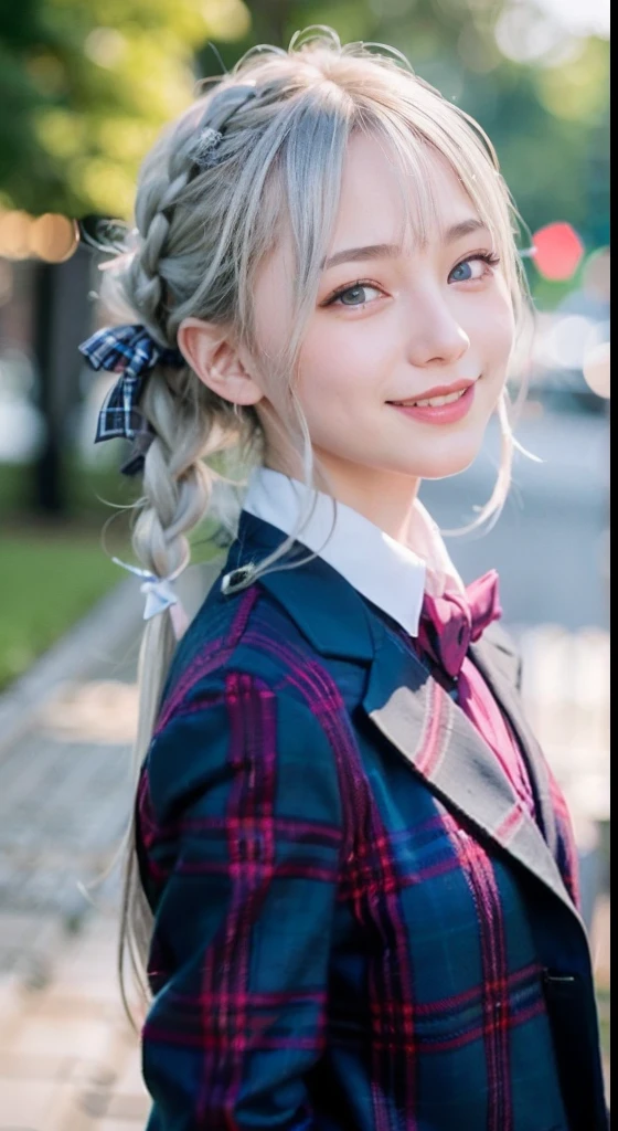 (ultra-detailliert), Tartan check jacket,high-school uniform、Blue eyes,The upper part of the body、a closeup、faces、(A smile:1.5),(facing front:1.2), 20yr old, teens girl,no tail,(no tail),2D, masterpiece, top-quality, animesque, A detailed eye, A detailed face, girl with, Only 1 person,Silver medium hair, (Silvery head hair), Ear Hair, small tits, Single braid, (Single braid), (Side braid), Pink ribbon, Ribbon around the neck, Background bokeh