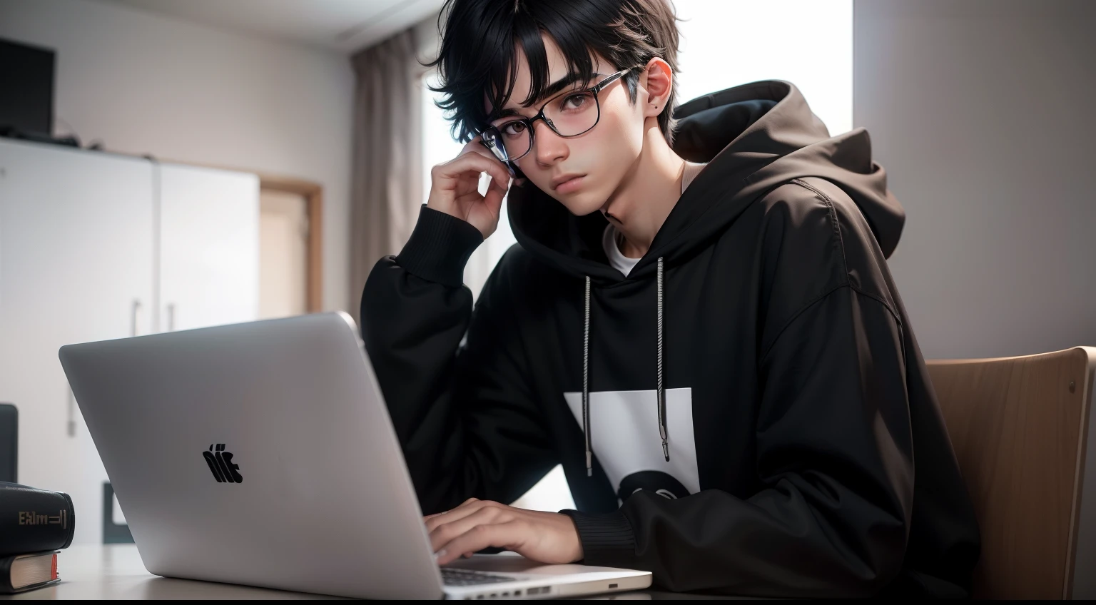 A young man in his 16s，with fair skin, Black eyes, Black hair,Double bangs wear a hoodie，laptop，large glasses