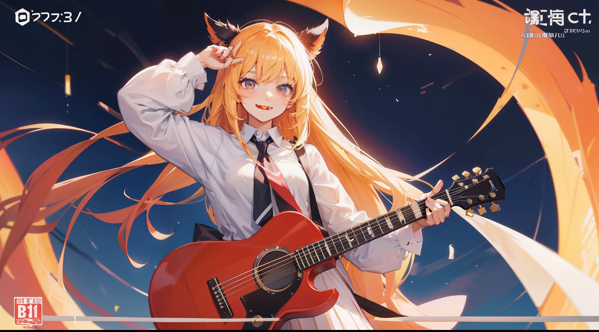 Anime girl with long hair and tie in a shirt, Anime appearance of cute girls, cheerful grin,guitar、4k、(Cover style:1.3)、鎖骨、stocklings、