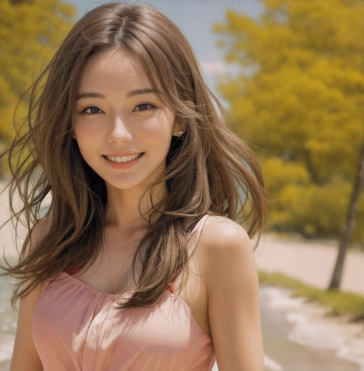 a smile、realistic woman、realistic phot、 realistic beach