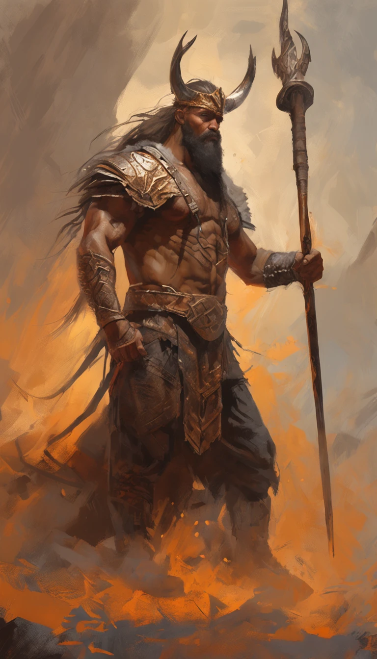 male in a brown outfit with a horned head and a sword, highly detailed character, viking warrior, epic viking king, norse ancient epic hero, muscular long haired with tattoo Philippine God of War, modelshoot style, (extremely detailed CG 8k wallpaper), body photo of the most beautiful artwork in the world, medieval armor, body portrait, Nimrod the first king of Babylon, hunter, barbarian, macho man, majestic professional oil painting by Ed Blinkey, Atey Ghailan, Studio Ghibli, by Jeremy Mann, Greg Manchess, Antonio Moro, trend at ArtStation, trend at CGSociety, Intricate, High Detail, Sharp Focus, Dramatic and Photorealistic Painting Art by Midjourney and Greg Rutkowski AND human dragon hybrid