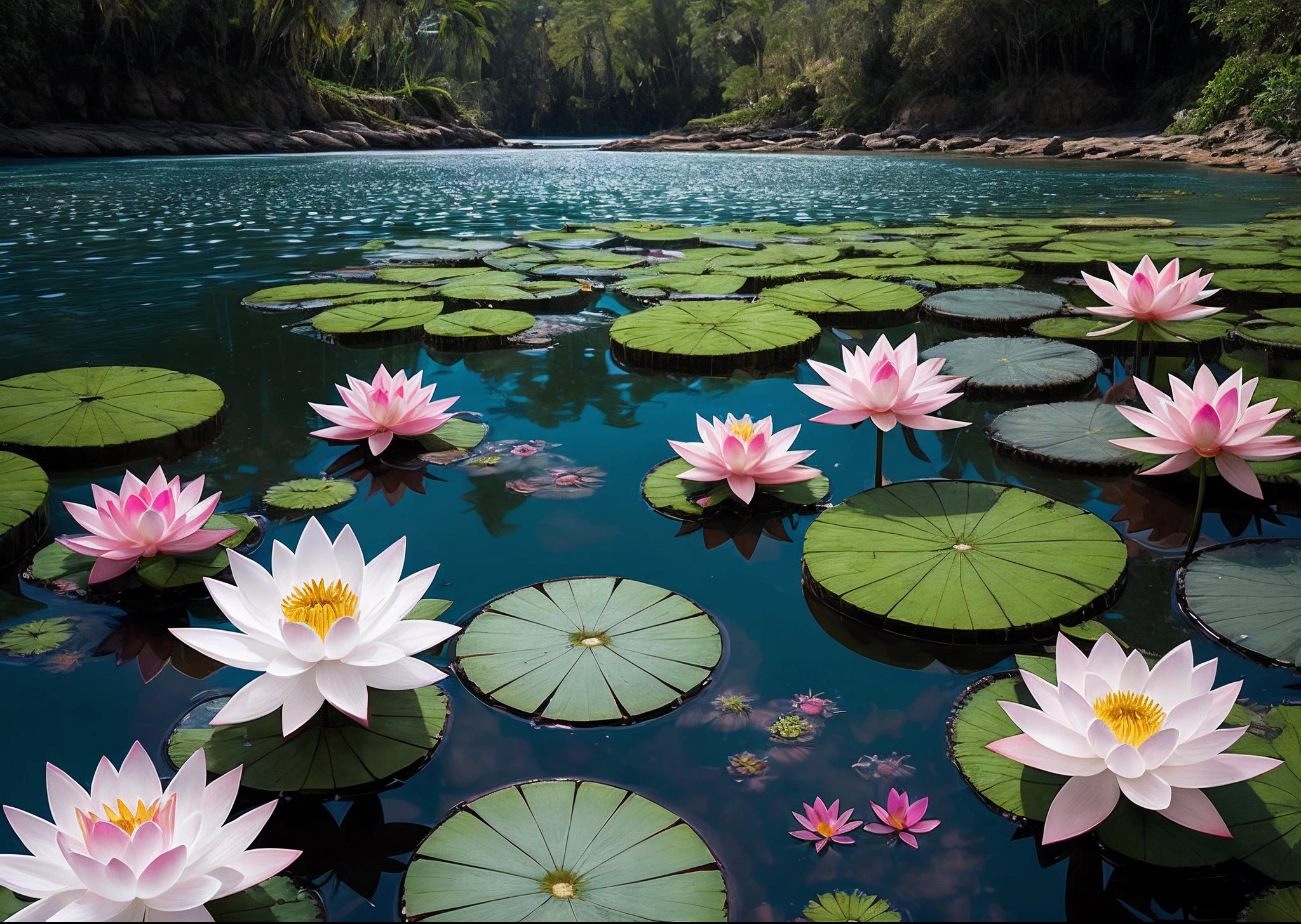 Flor de lotus em aguas cristalinas com pedras iluminadas.
