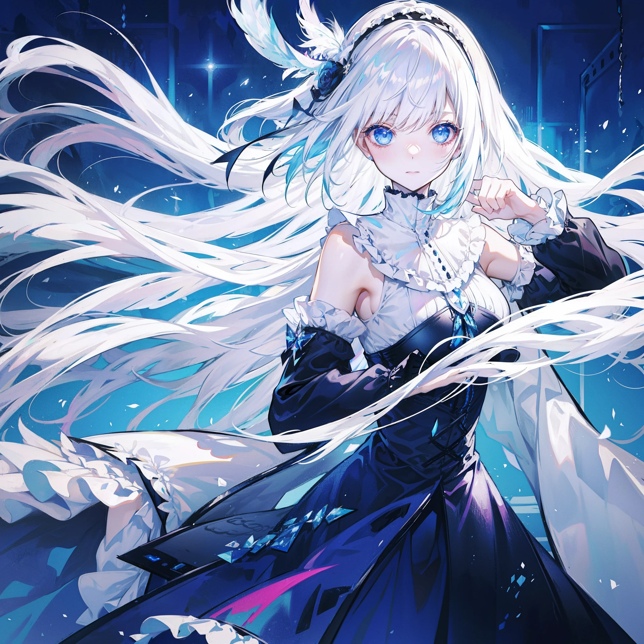 White Hair Blue Eyes Cute Big Tits Goth Lolita Magic Feather Long Hair Super Delicate Ultra High Quality Gorgeous Background