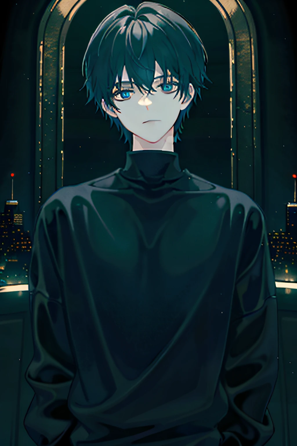 dark themes、1male people、Adults、Black pullover sweatshirt,of a guy、wearing hat、underground room、dimly lit、Narrow、flashing lights(full bodyesbian)。