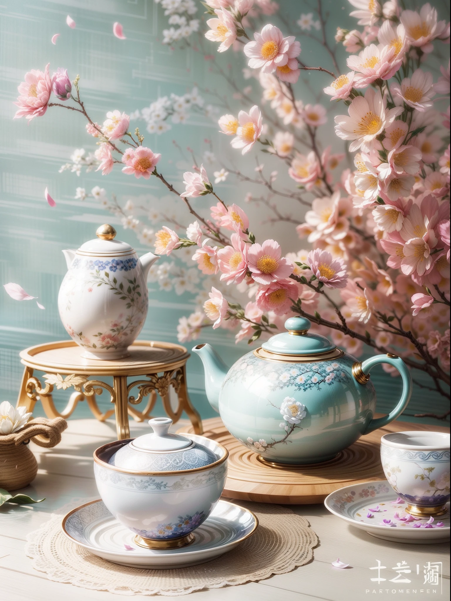 There is a bamboo plate on the table,On top sits a fine ceramic kettle and two ceramic cups,It has a delicate floral pattern on it,Full of classical atmosphere,Focus on the texture and detail of the porcelain,Capture the reflection and refraction of light on porcelain,Highlight the beauty and delicacy of porcelain,There are different types of summer flowers in the background, japanese related with flowers, japanese flower arrangements,beautiful color,Beautiful wallpaper, Beautiful image, floral decorations, Flower petals, warm and joyful atmosphere, vibrant setting, wallpaper - 1 0 2 4, paradise garden massage, Flower petals, Decorated with flowers, !!Beautiful!!, setting is bliss wallpaper, Beautiful composition