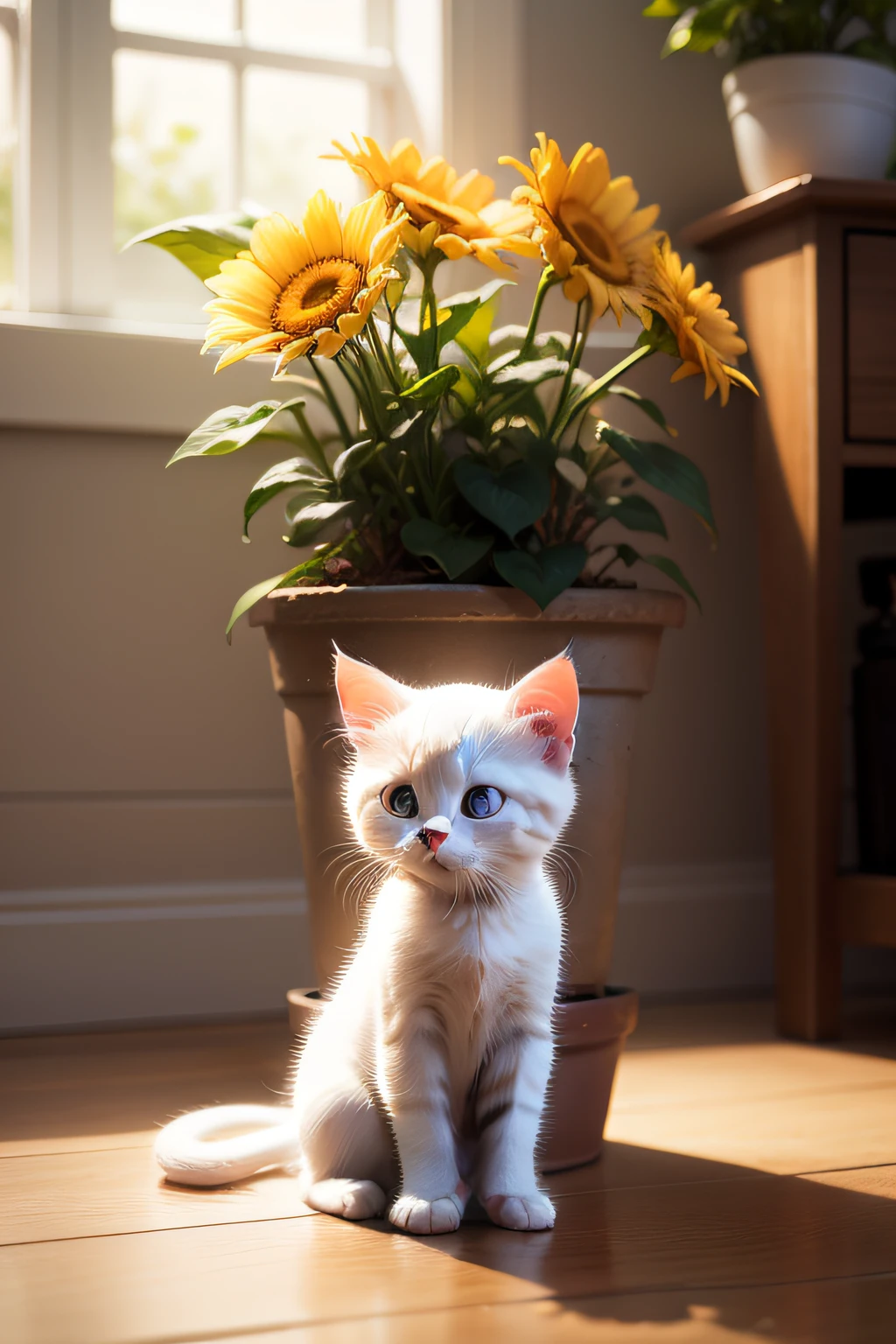 A cute white kitten,rays of sunshine,flower pots,naturey