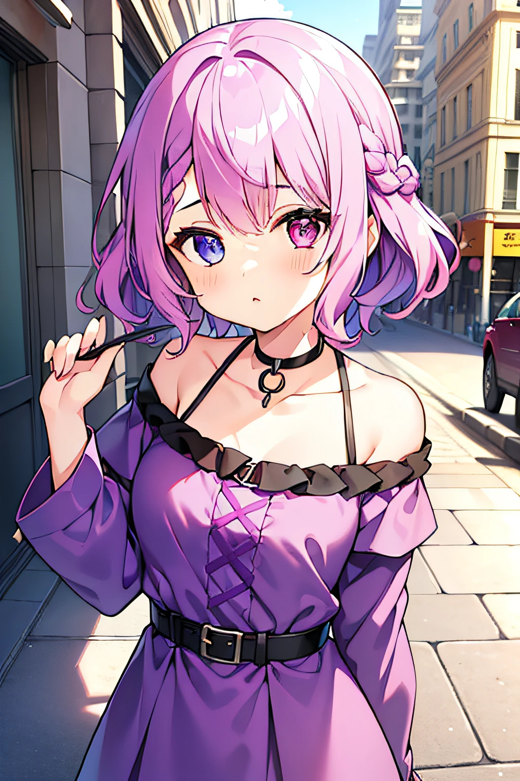 1girl, masterpiece, high quality, purple hair, short hair, side braid, curly hair, Heterochromia, (((pink left eye))), (((purple right eye))), small breasts, street fashion, in the street