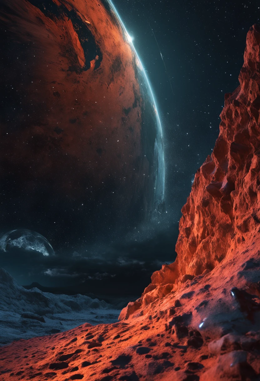 "Generate an image of a world completely opposite to Earth: where the sky is always pitch-black, the space is filled with intense light from bright stars, humans and animals live underground in deep mines, energy is extracted from gamma rays instead of sunlight, and the ocean covers the surface with a thick layer of ice due to extremely cold temperatures. Ensure the image quality is 8k."  - --auto --s2