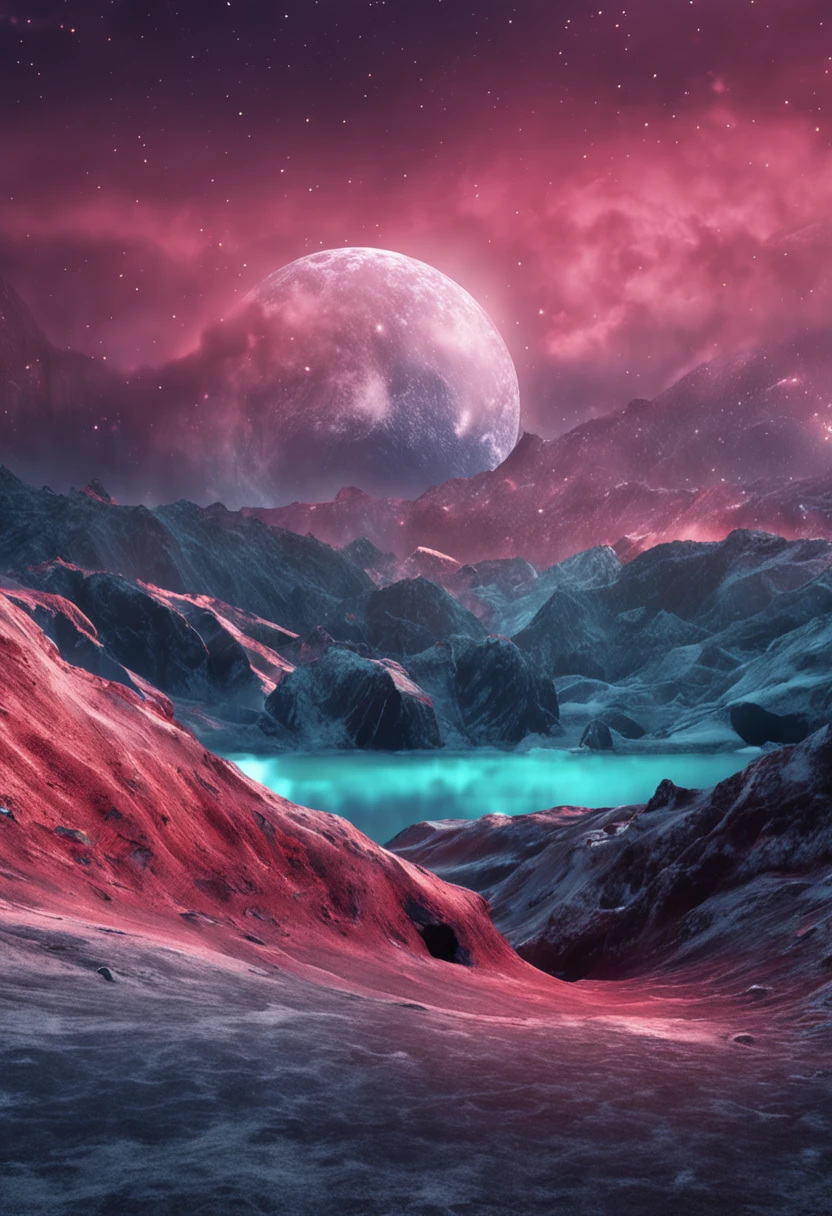 "Generate an image of a world completely opposite to Earth: where the sky is always pitch-black, the space is filled with intense light from bright stars, humans and animals live underground in deep mines, energy is extracted from gamma rays instead of sunlight, and the ocean covers the surface with a thick layer of ice due to extremely cold temperatures. Ensure the image quality is 8k." - --auto --s2
