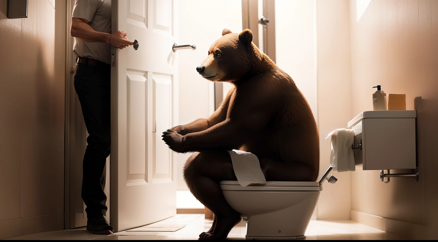 a bear in the bathroom sitting on a toilet pooping with the door and an arm outstretched to pick up a roll of toilet paper a man is handing him