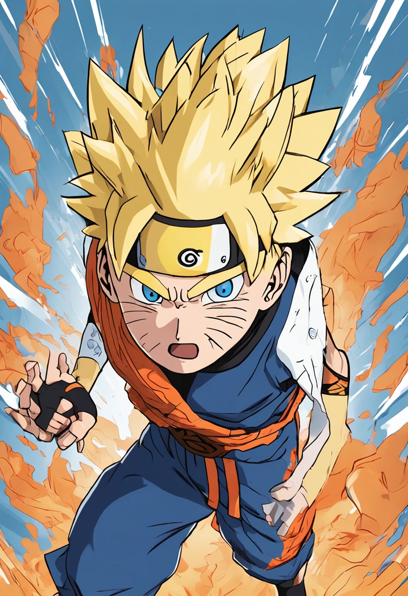 Here is the English translation of the prompt: Create an 8K quality image of an animated character that combines features of Naruto and Super Saiyan Blue Goku. The character has Naruto's spiky blonde hair blended with Goku's black, M-shaped hair. Big blue eyes like Naruto's combined with Goku's sharp eyes. Proportionate muscular body like Goku's wearing blue and red-trimmed battle armor with the Uzumaki symbol, forehead protector with the North Star emblem. Holding a glowing yellow Rasenshuriken sword, wearing Naruto's ninja shoes. Behind is the image of the 9-tailed fox chakra waving, above is the blue lightning dragon coiling through the air. The entire image is drawn in crisp detail, harmonious colors, highlighting the main character. -imagine --auto --s2