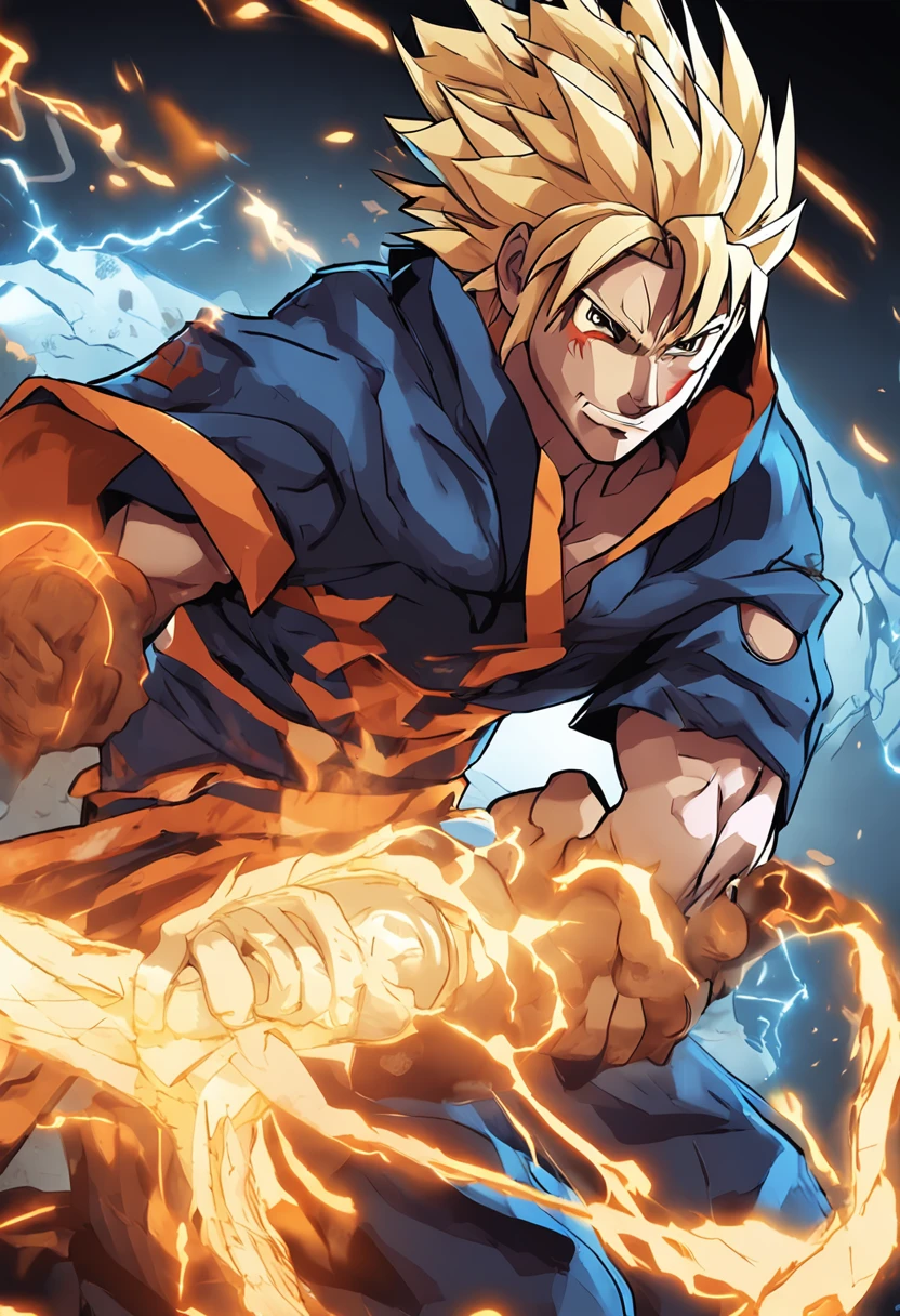 Draw an 8K quality image of an animated character that combines features of Naruto and Sasuke with the given requirements: The character has Naruto's signature spiky blonde hair. The face is Sasuke's handsome and sharp face. Wearing Naruto's orange and black-blue trimmed warrior outfit. Wearing Sasuke's blue Uchiha clan scarf. Muscular body ripped like superhero Thor. Holding the thunder god Raijin's thunder sword. Behind the character is the bright golden light of the 9-tailed fox chakra and blue lightning effects of Super Saiyan surrounding. The face, hair, body, outfit and weapons are drawn in crisp detail. The entire image has harmonious, vibrant colors, no flaws. The character exhibits extraordinary power but still looks attractive and graceful. -imagine - --auto --s2