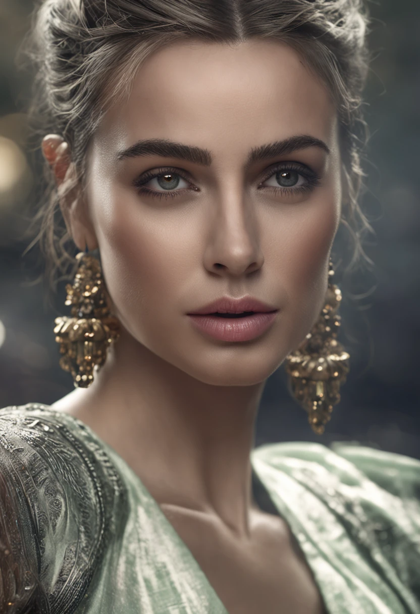 Perfect Hollywood Rembrandt photo. Naturally colored. Green eyes. woman. front face, front look, full pose, fantastic face, Caucasian, pretty look, detailed elegant dress, black indian formal dress, elegant hair tied up, blurred grayscale background, ultra focus, lit face, detailed face, 8k resolution, painted, dry brush, brushstrokes, razumov style and garmash style R, Miki Asai Macro Photography, Close-Up, Hyper-Detailed, Artstation Trends, Sharp Focus, Studio Shot, Intricate Detail, High Detail, by Greg Rutkowski -imagine --auto --s2