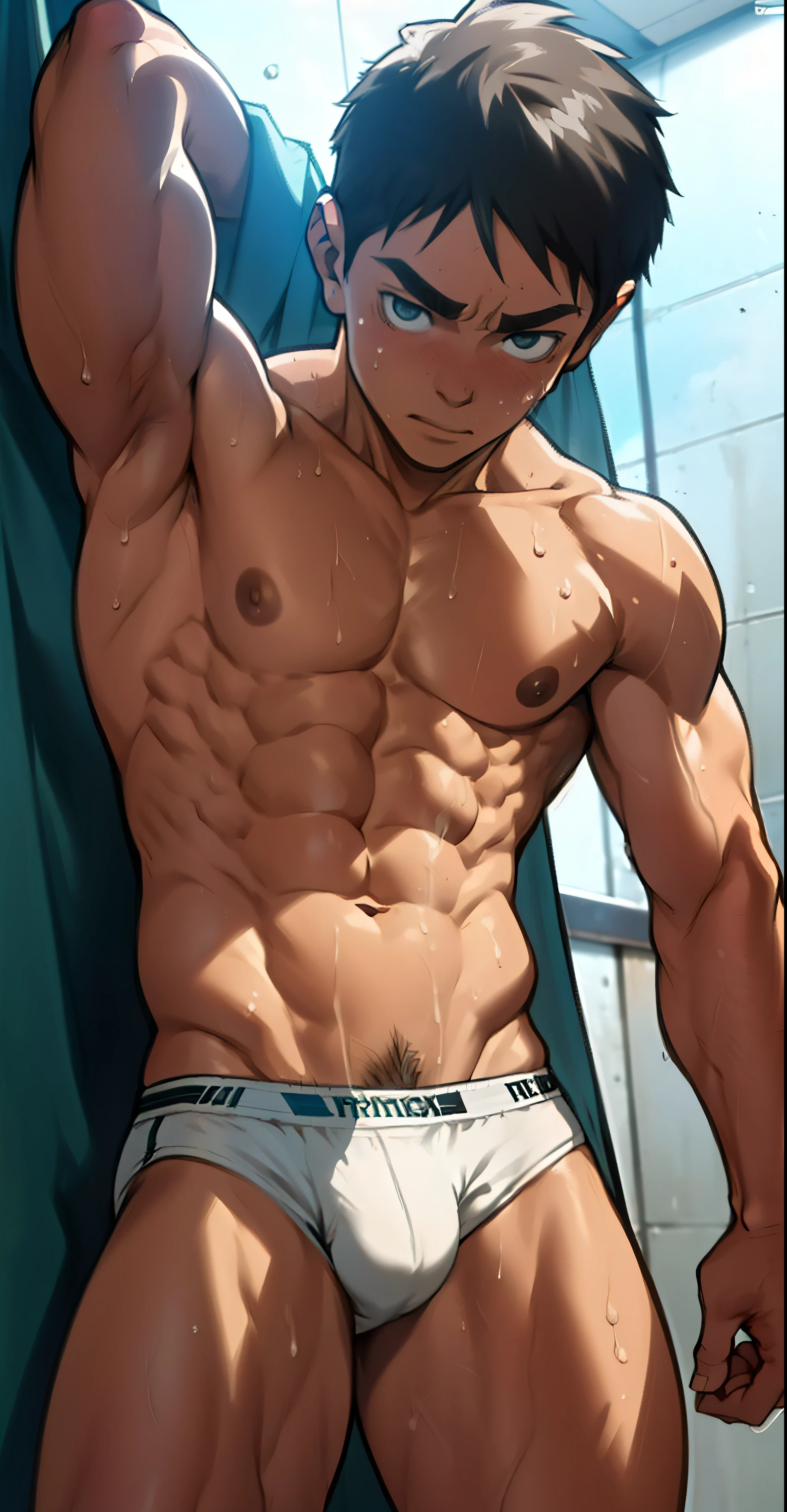 boy, topless, shirtless, cute baby fy, strong thigh muscles and giant tendons, sweating profusely, wearing triangle underwear, underwear bulging due to his genitals genitals, white underwear, hands behind back (photo angle from bottom up)