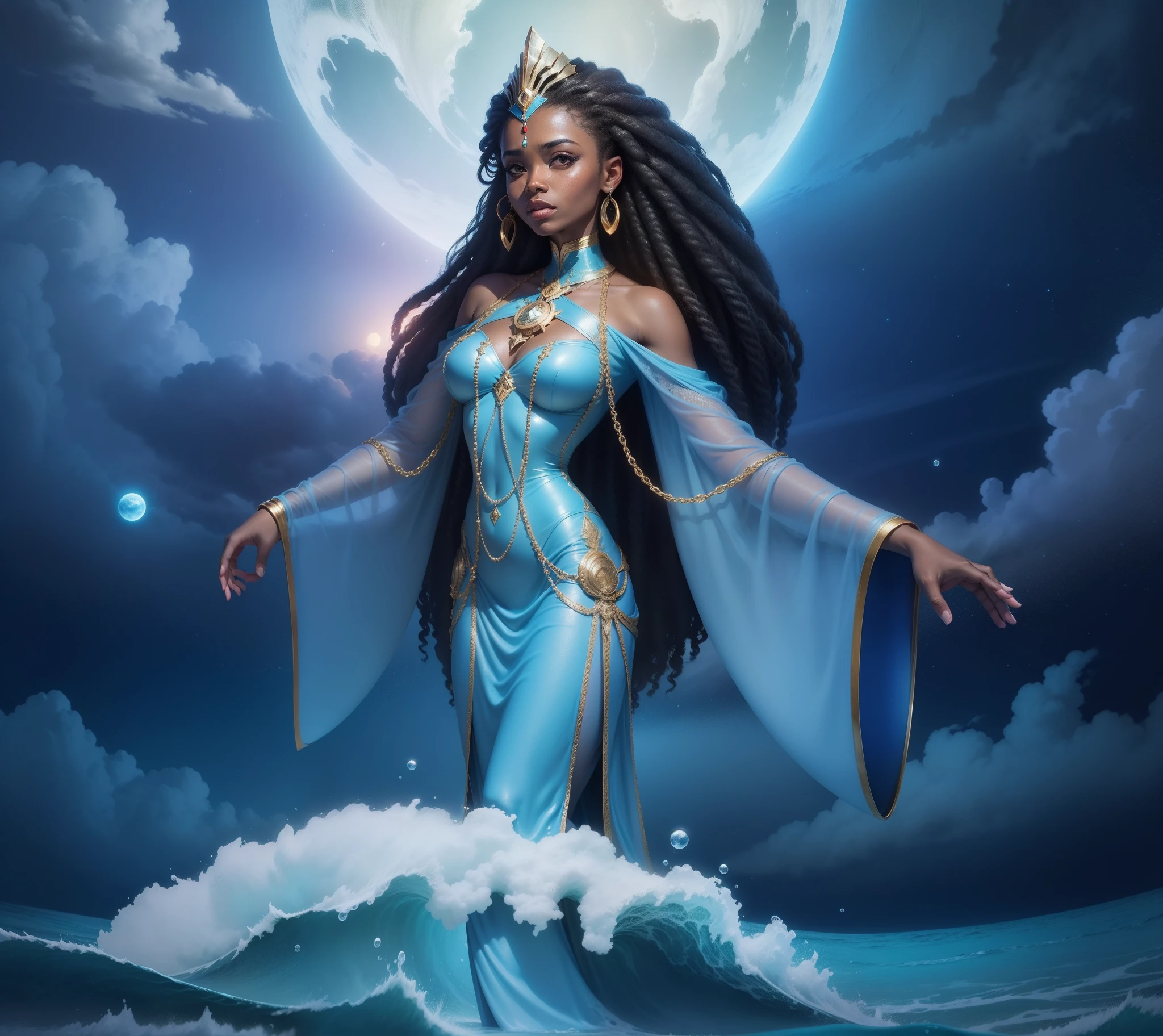 A cartoon of a woman in a blue dress standing on a wave, pele escura deusa feminina do amor, Mami Wata, Deusa do Oceano, Deusa Rainha, Como um atlante, Rainha e governante do universo, padroeiro do 🛸🌈👩🏾, Deusa do Mar, Deusa da Lua, Futurismo Afro, A deusa grega Afrotita